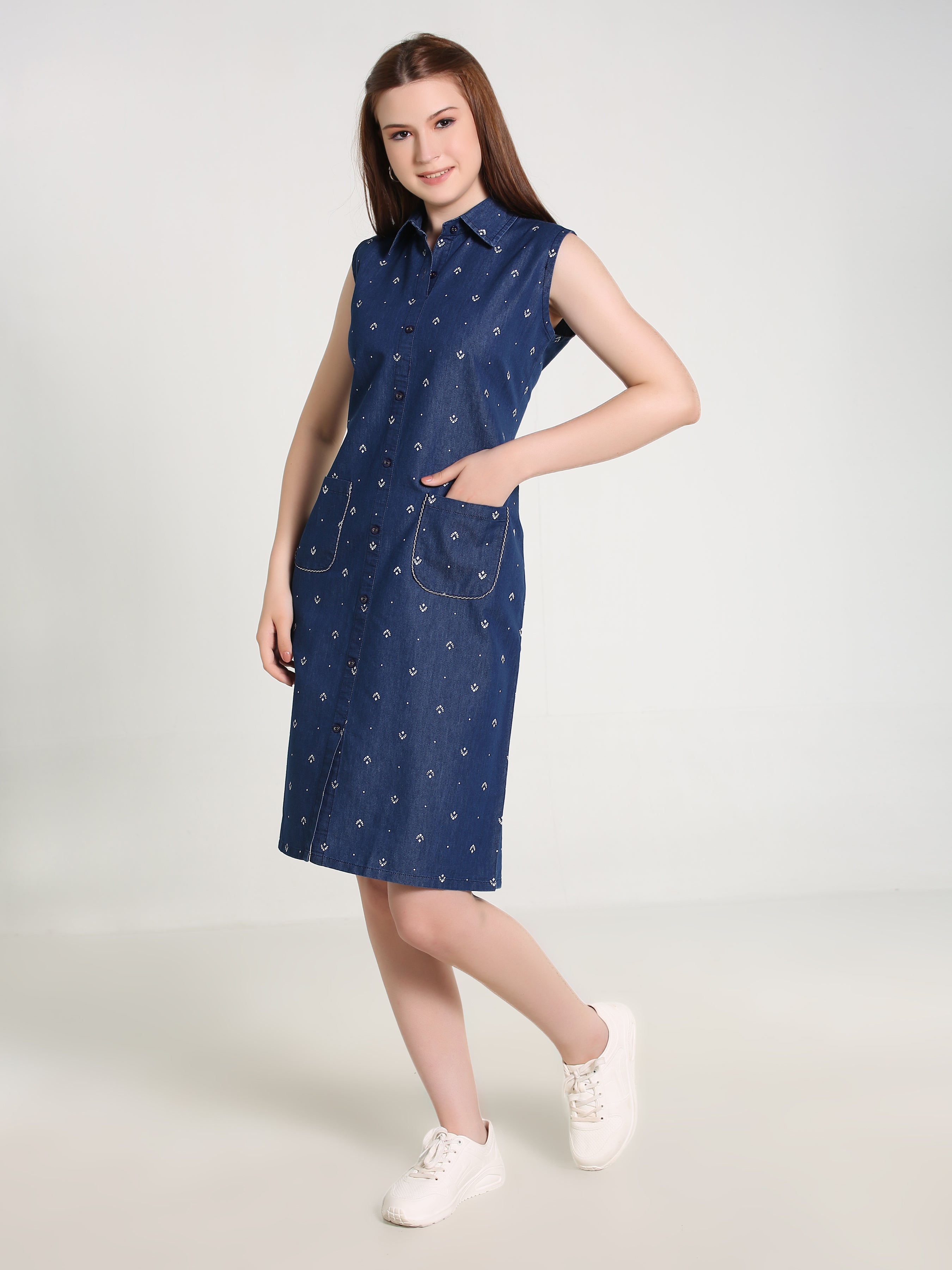 Denim Arrow Printed Sleeveless Both Side Pocket Shirt Collar One Piece
