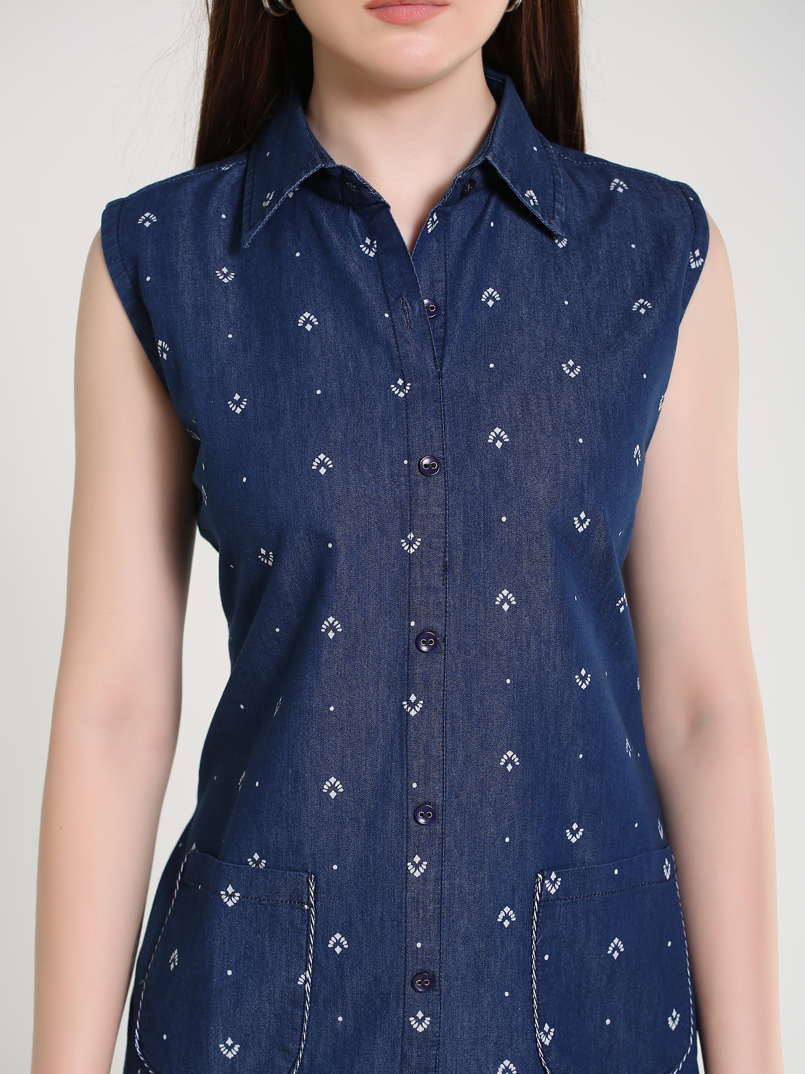 Denim Arrow Printed Sleeveless Both Side Pocket Shirt Collar One Piece