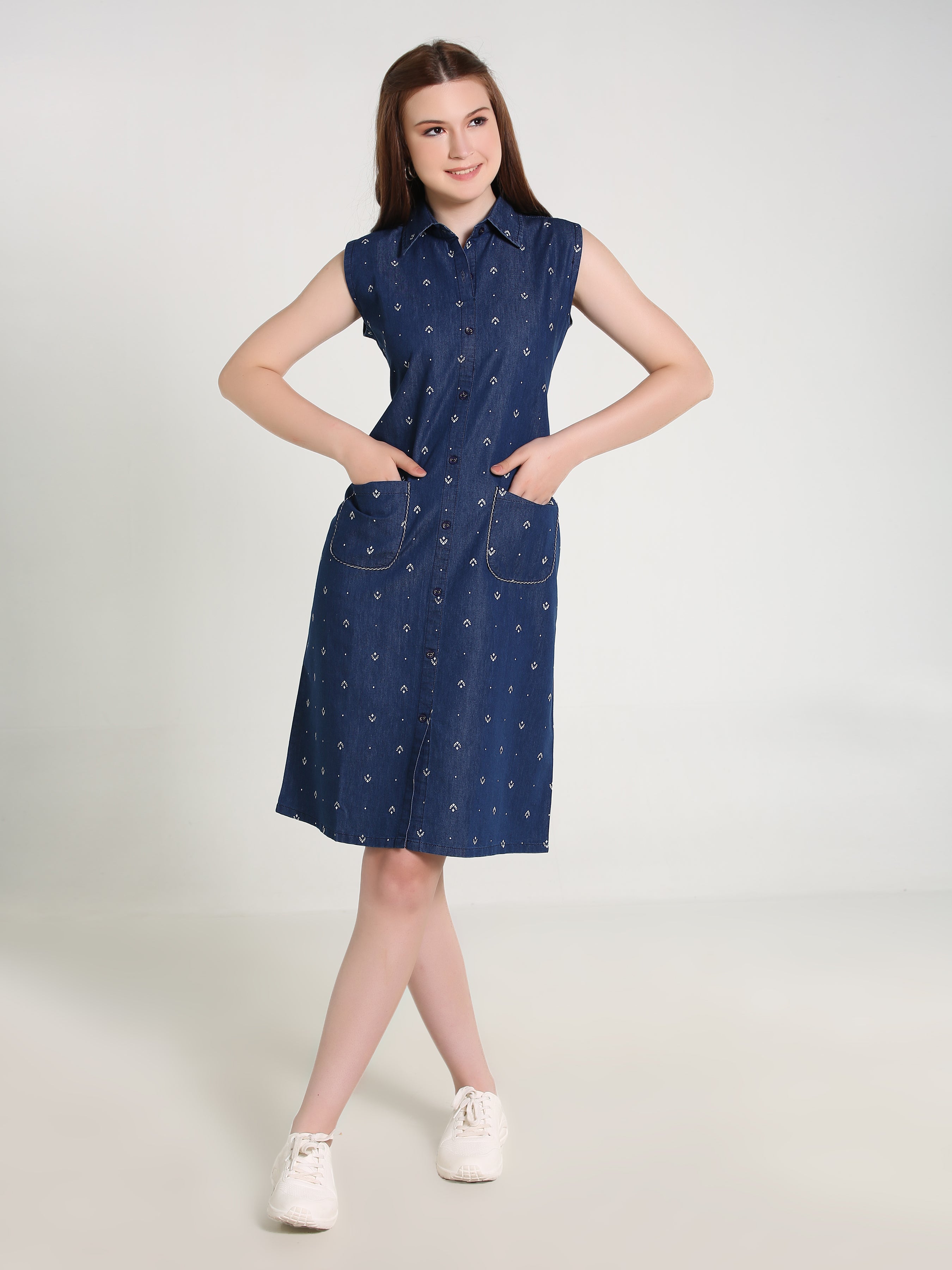 Denim Arrow Printed Sleeveless Both Side Pocket Shirt Collar One Piece