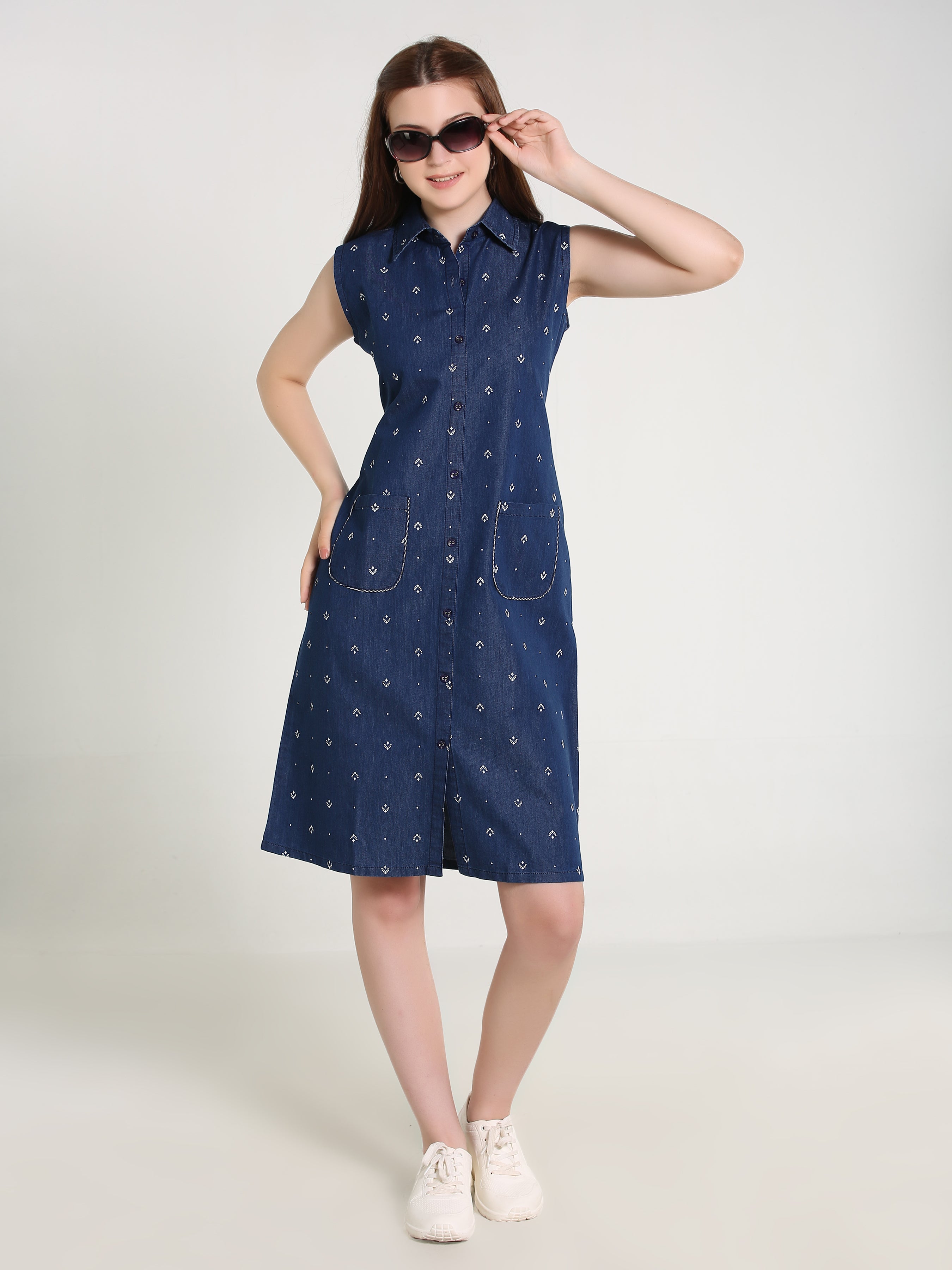 Denim Arrow Printed Sleeveless Both Side Pocket Shirt Collar One Piece