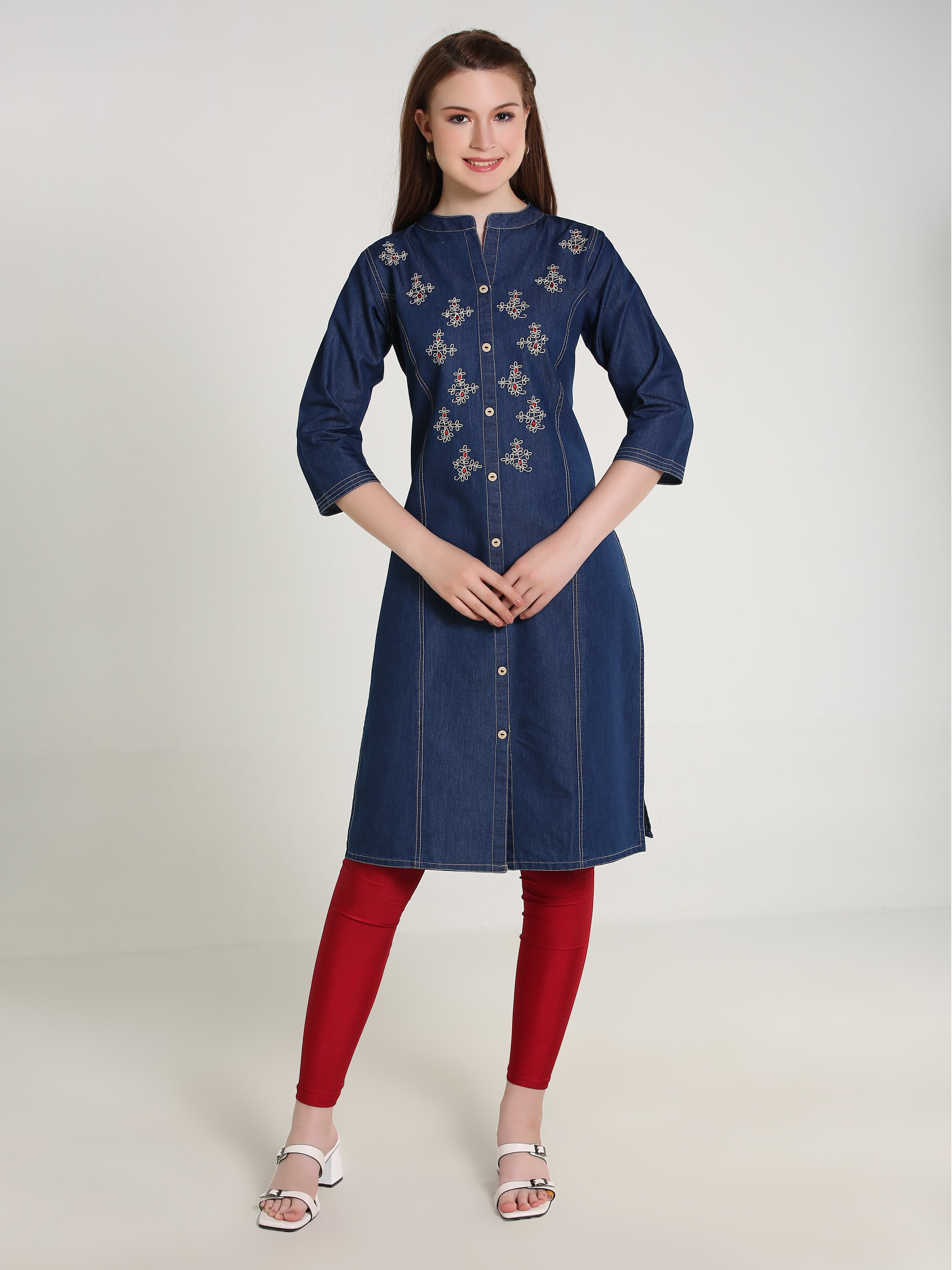 Denim Fawn Clr Butta Embroidered  Mandraine Collar Kurta