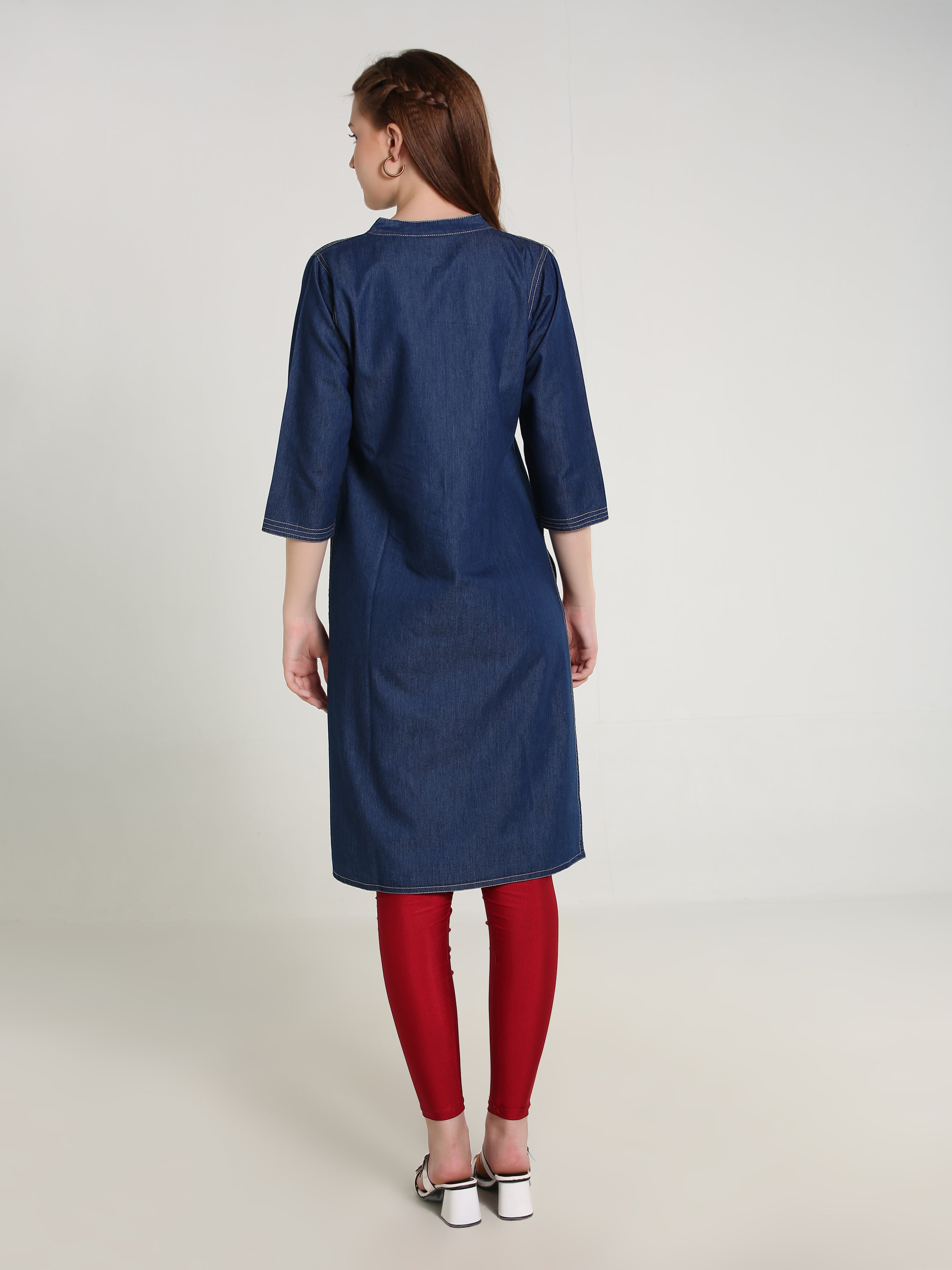 Denim Fawn Clr Butta Embroidered  Mandraine Collar Kurta