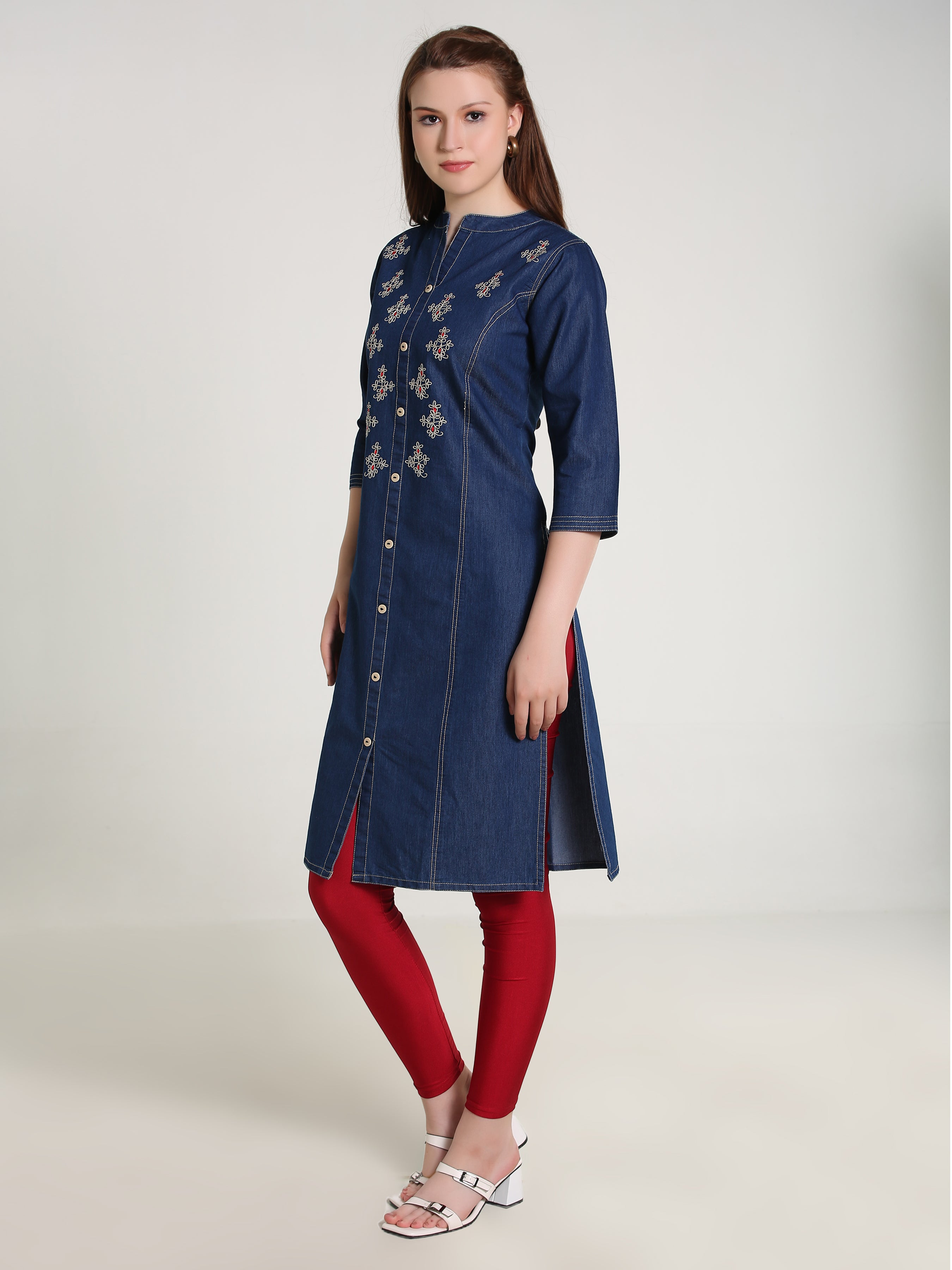 Denim Fawn Clr Butta Embroidered  Mandraine Collar Kurta