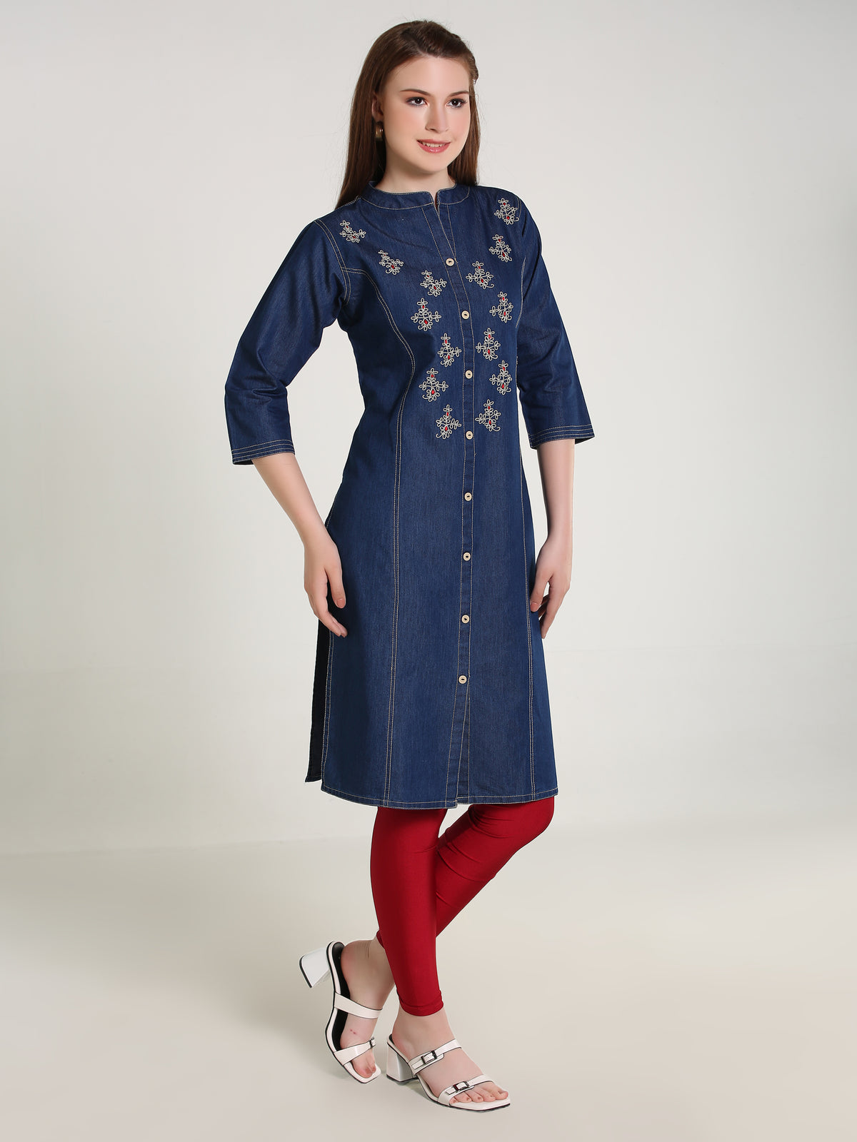 Denim Fawn Clr Butta Embroidered  Mandraine Collar Kurta