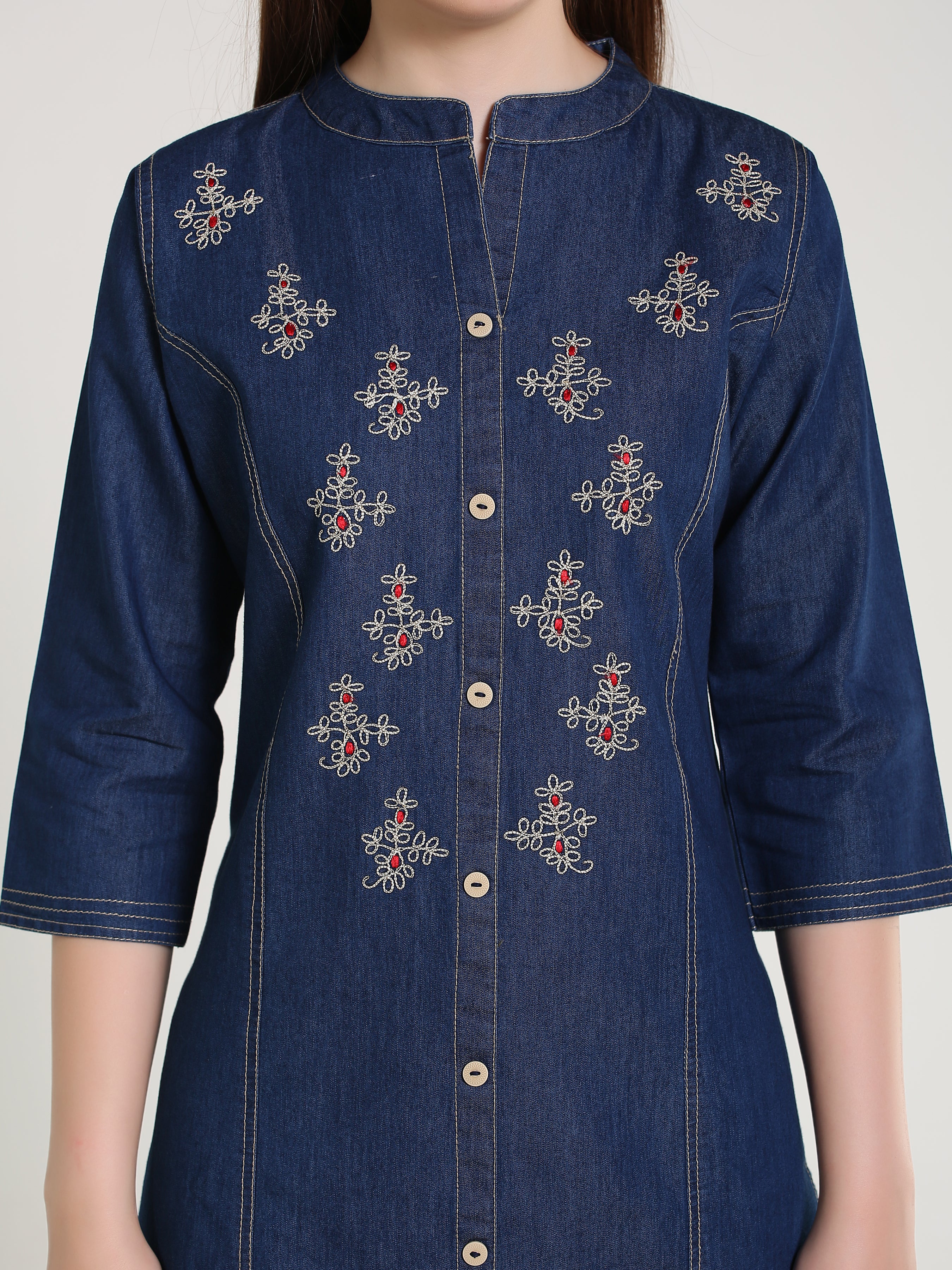 Denim Fawn Clr Butta Embroidered  Mandraine Collar Kurta