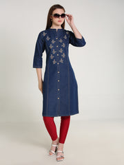 Denim Fawn Clr Butta Embroidered  Mandraine Collar Kurta