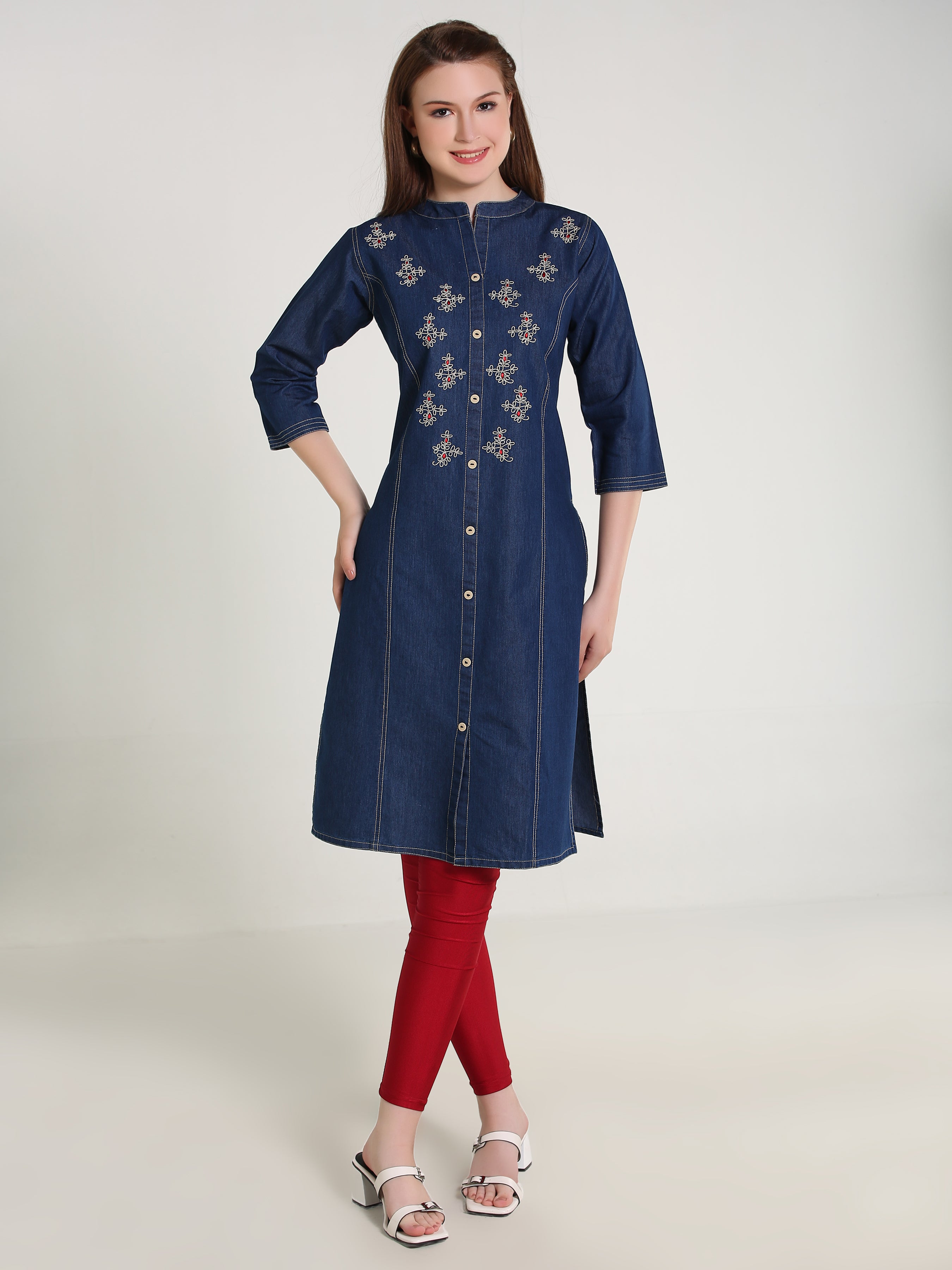 Denim Fawn Clr Butta Embroidered  Mandraine Collar Kurta