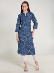 Denim allover Leaf Printed Mandarine Collar Kurta