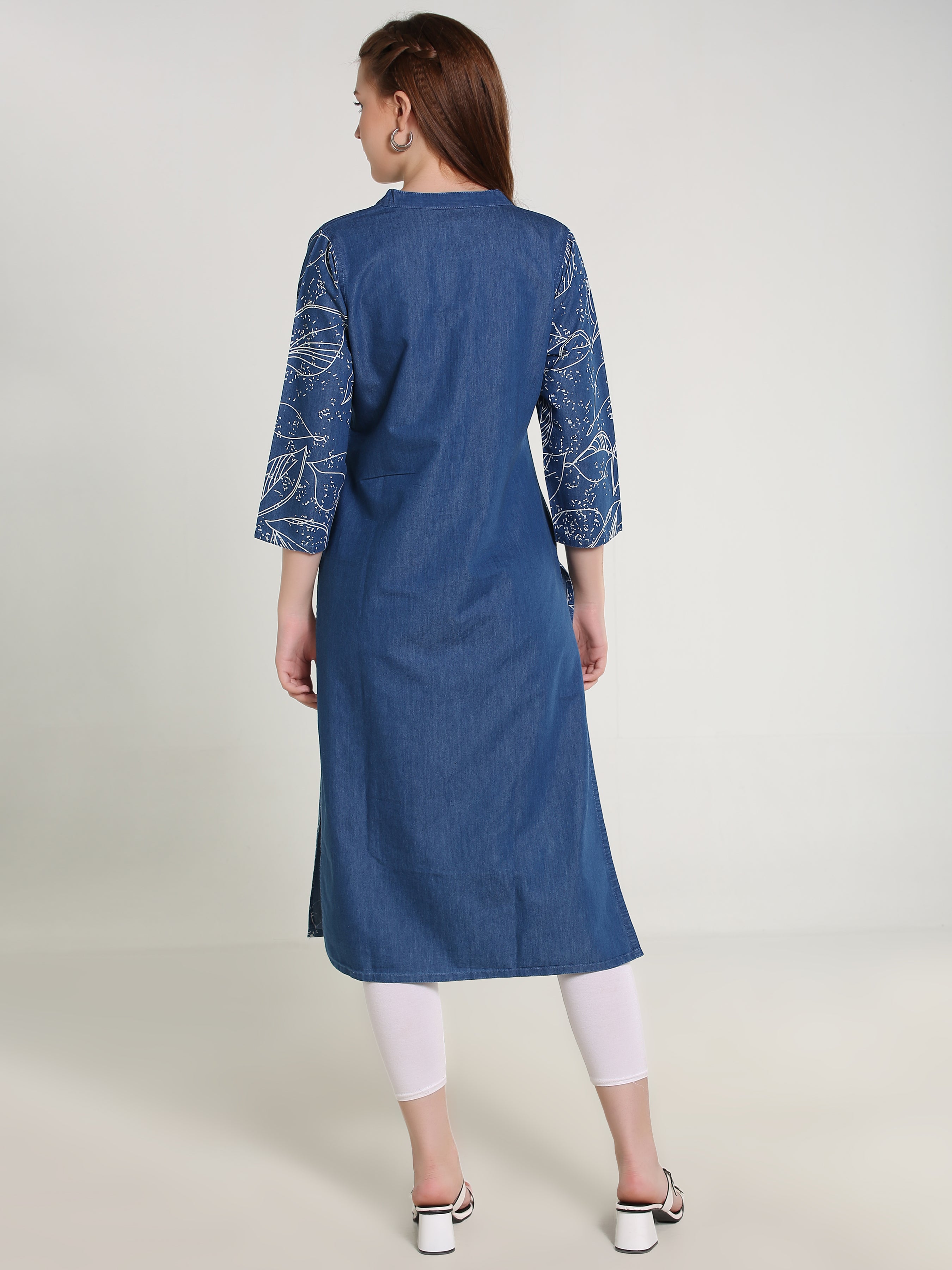 Denim allover Leaf Printed Mandarine Collar Kurta