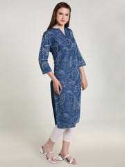 Denim allover Leaf Printed Mandarine Collar Kurta