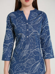Denim allover Leaf Printed Mandarine Collar Kurta