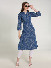 Denim allover Leaf Printed Mandarine Collar Kurta