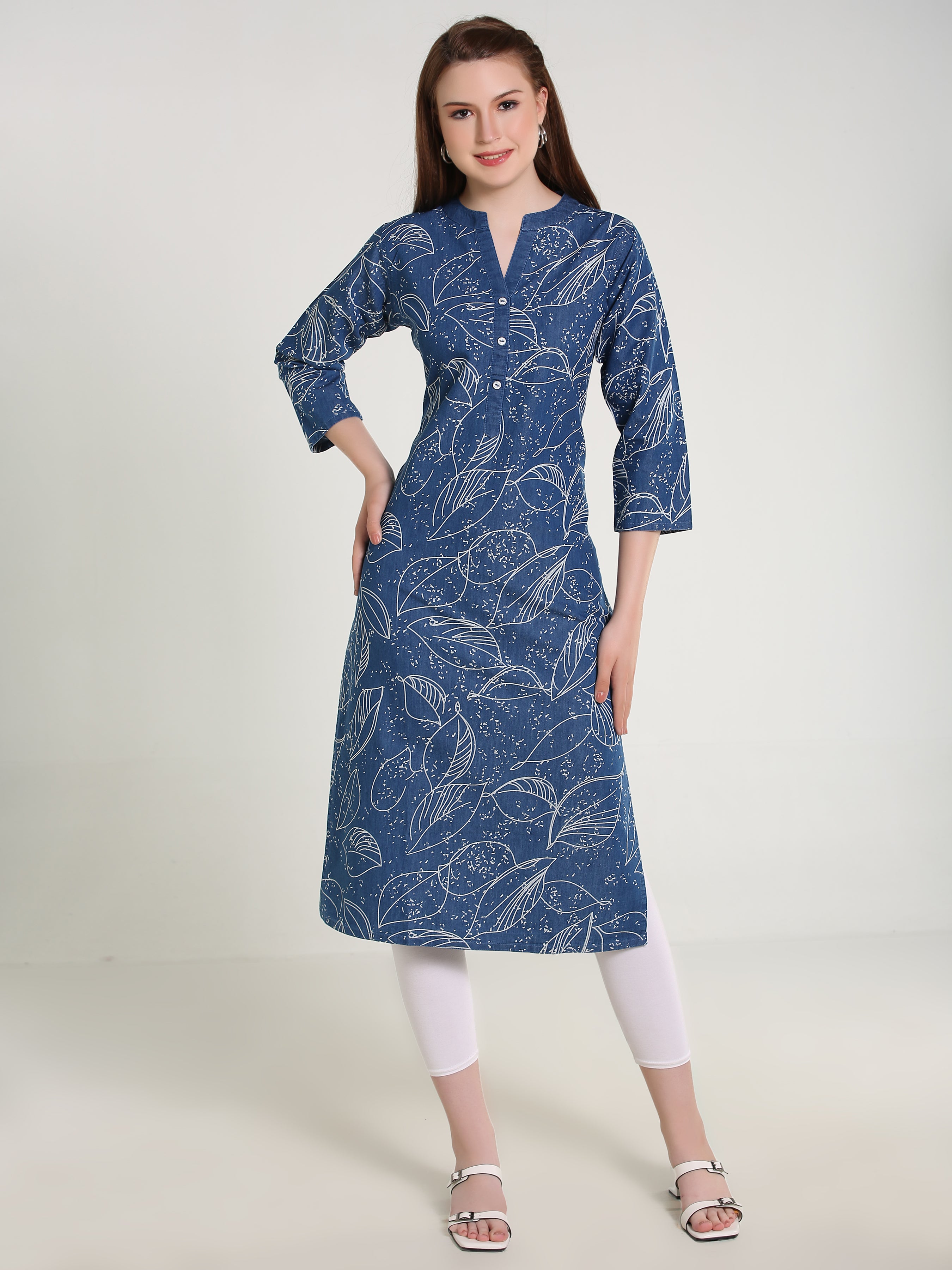 Denim allover Leaf Printed Mandarine Collar Kurta