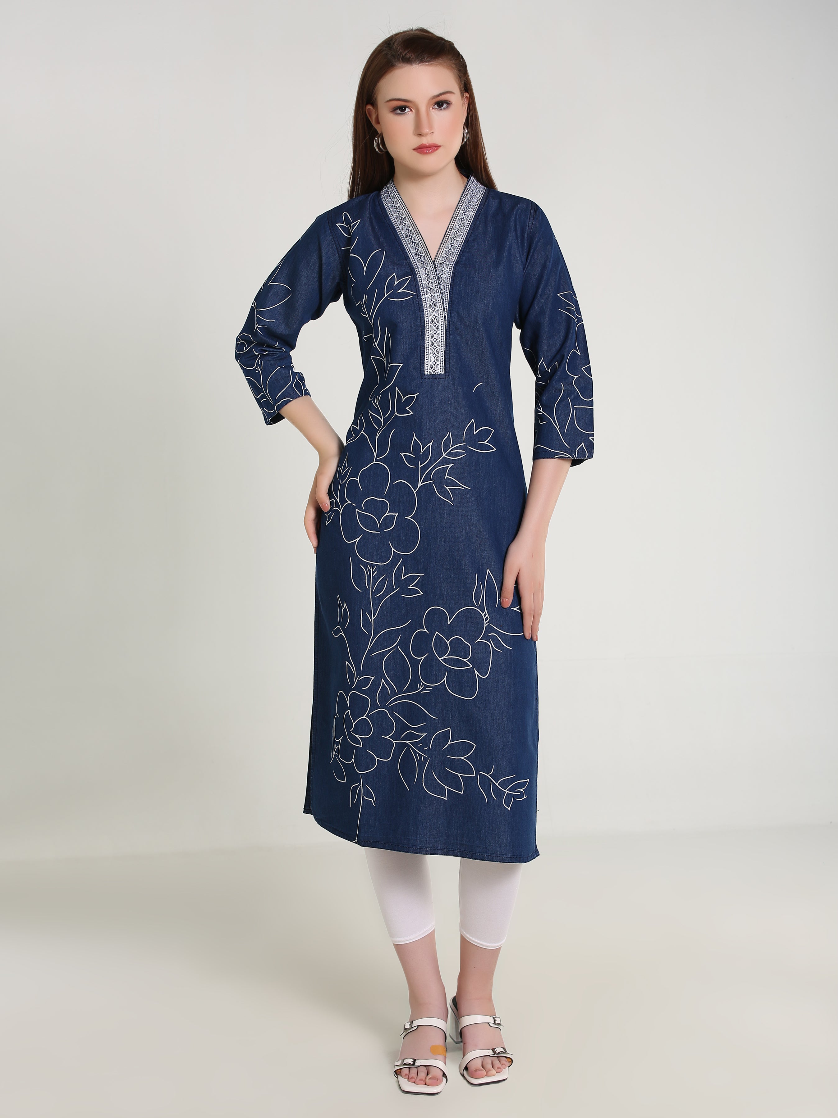 Denim Hi Neck Emb Neck Flwr Printed Kurta