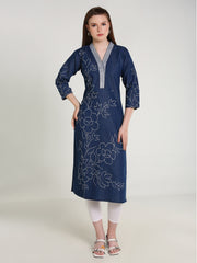 Denim Hi Neck Emb Neck Flwr Printed Kurta