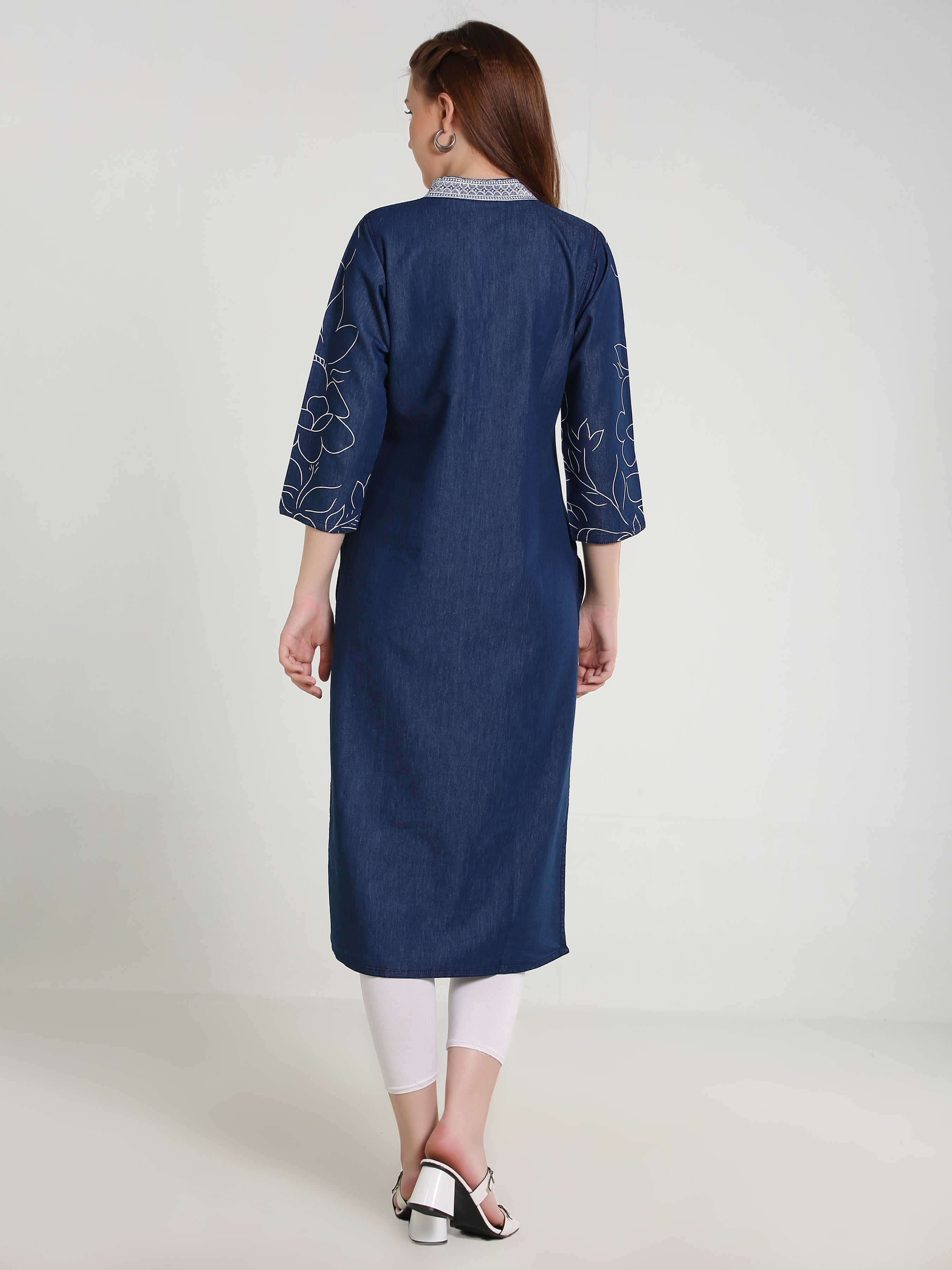 Denim Hi Neck Emb Neck Flwr Printed Kurta