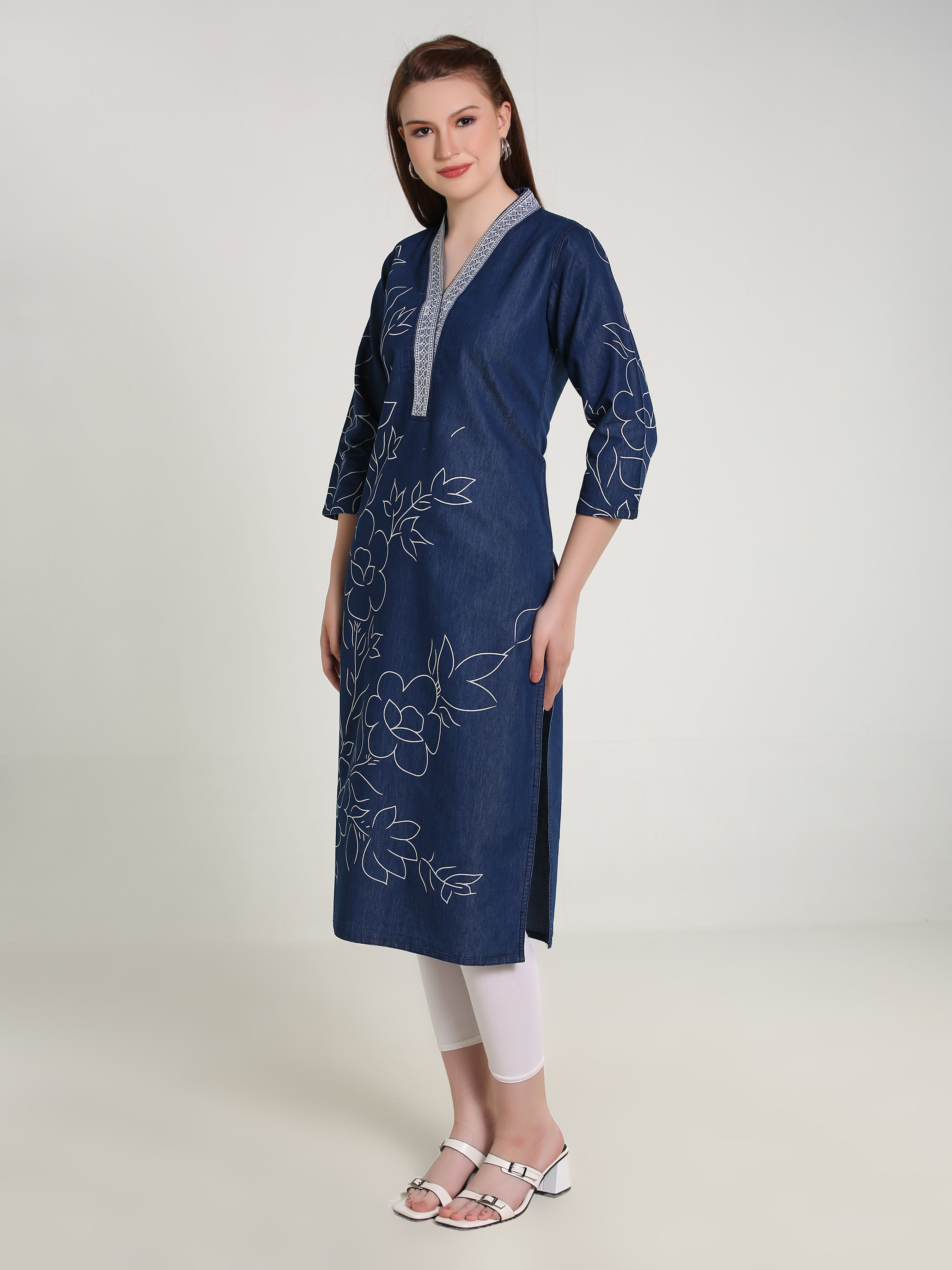 Denim Hi Neck Emb Neck Flwr Printed Kurta