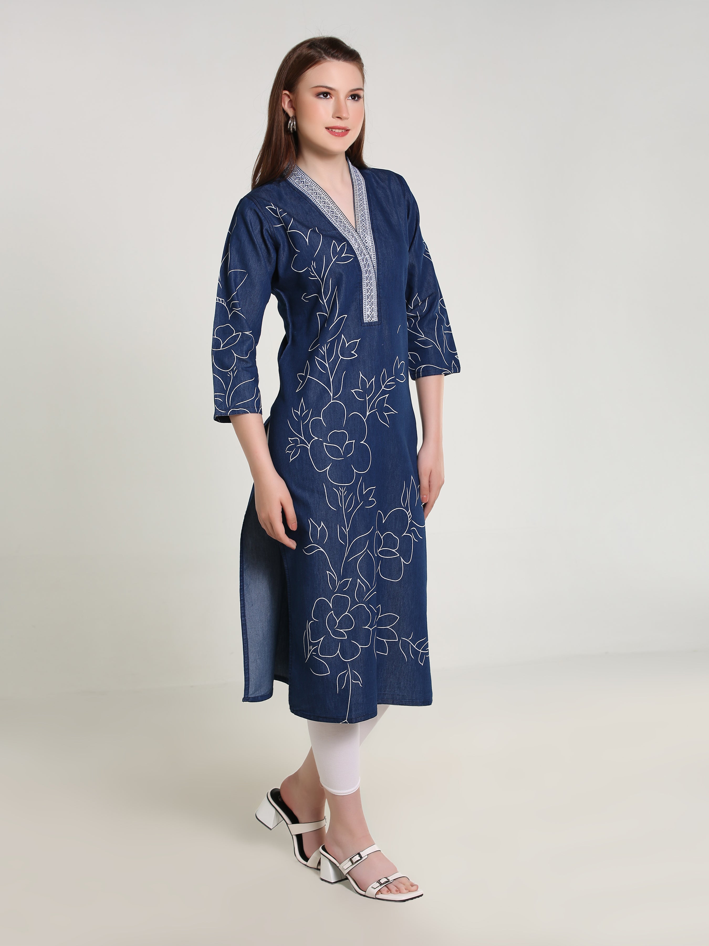 Denim Hi Neck Emb Neck Flwr Printed Kurta