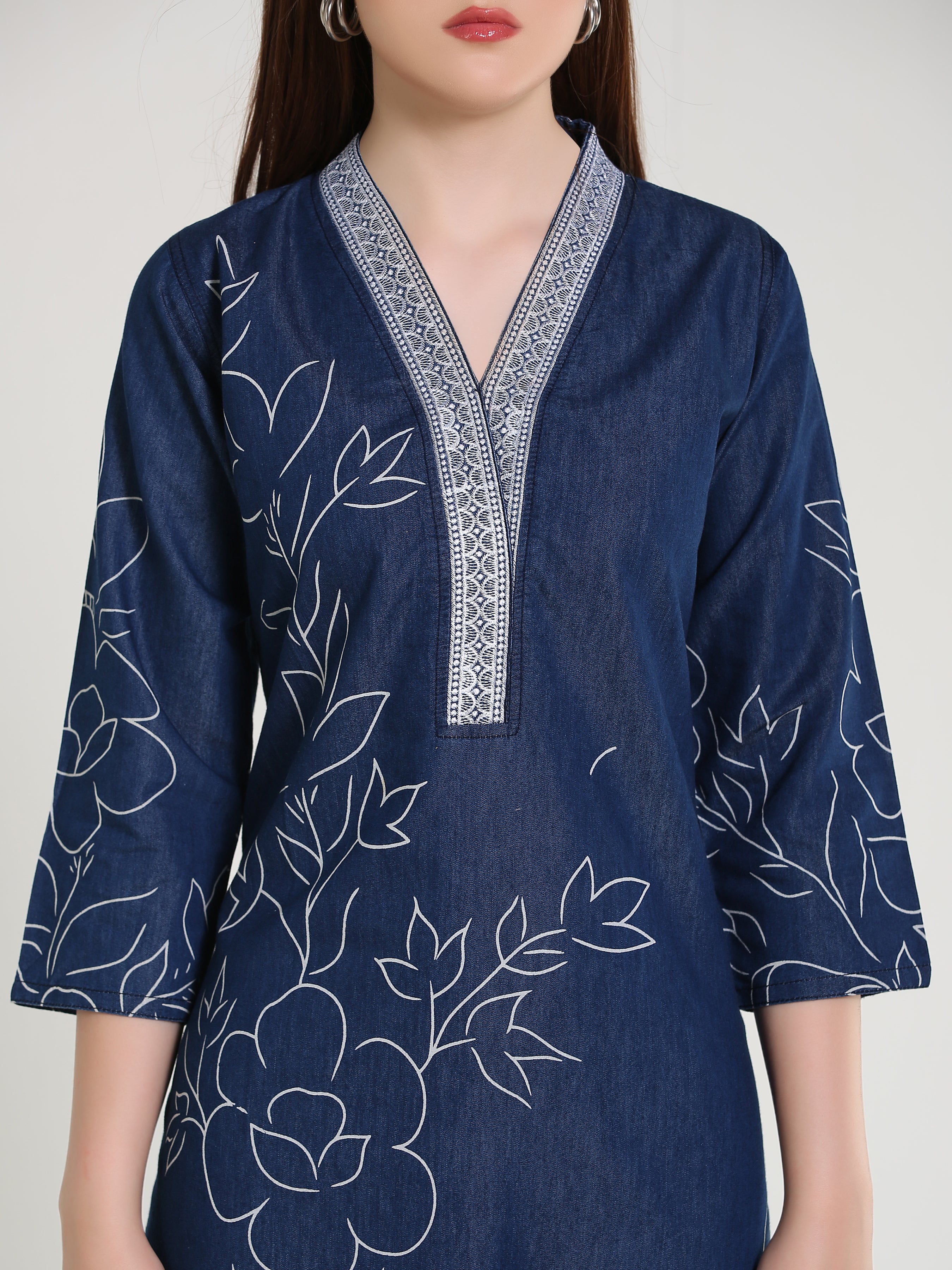 Denim Hi Neck Emb Neck Flwr Printed Kurta