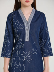 Denim Hi Neck Emb Neck Flwr Printed Kurta