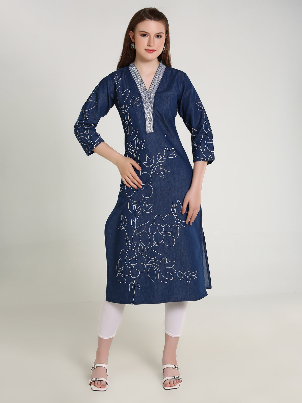 Denim Hi Neck Emb Neck Flwr Printed Kurta