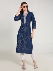 Denim Hi Neck Emb Neck Flwr Printed Kurta