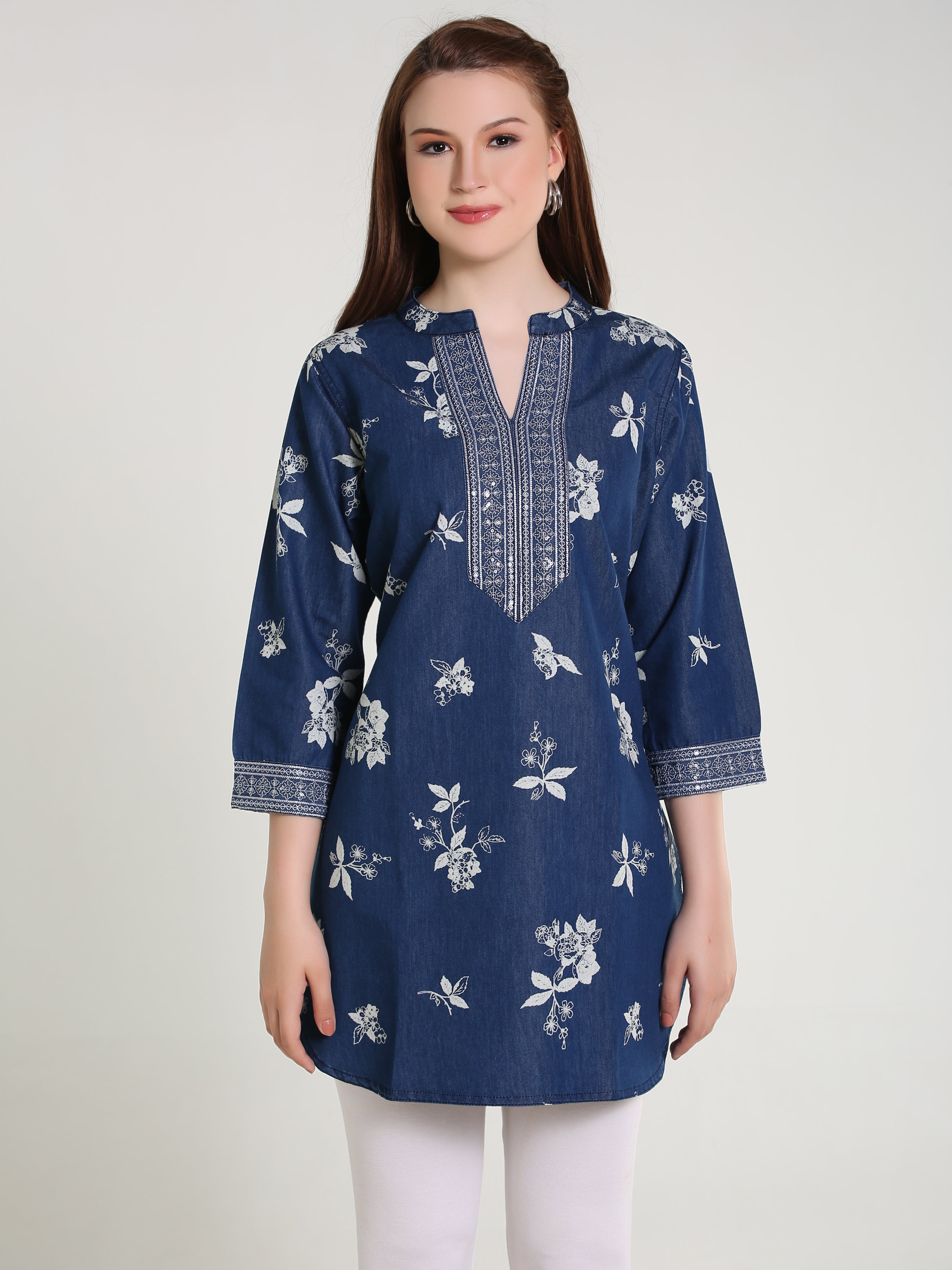 Denim Emb Printed Apl Cut Mandarine Collar Kurti