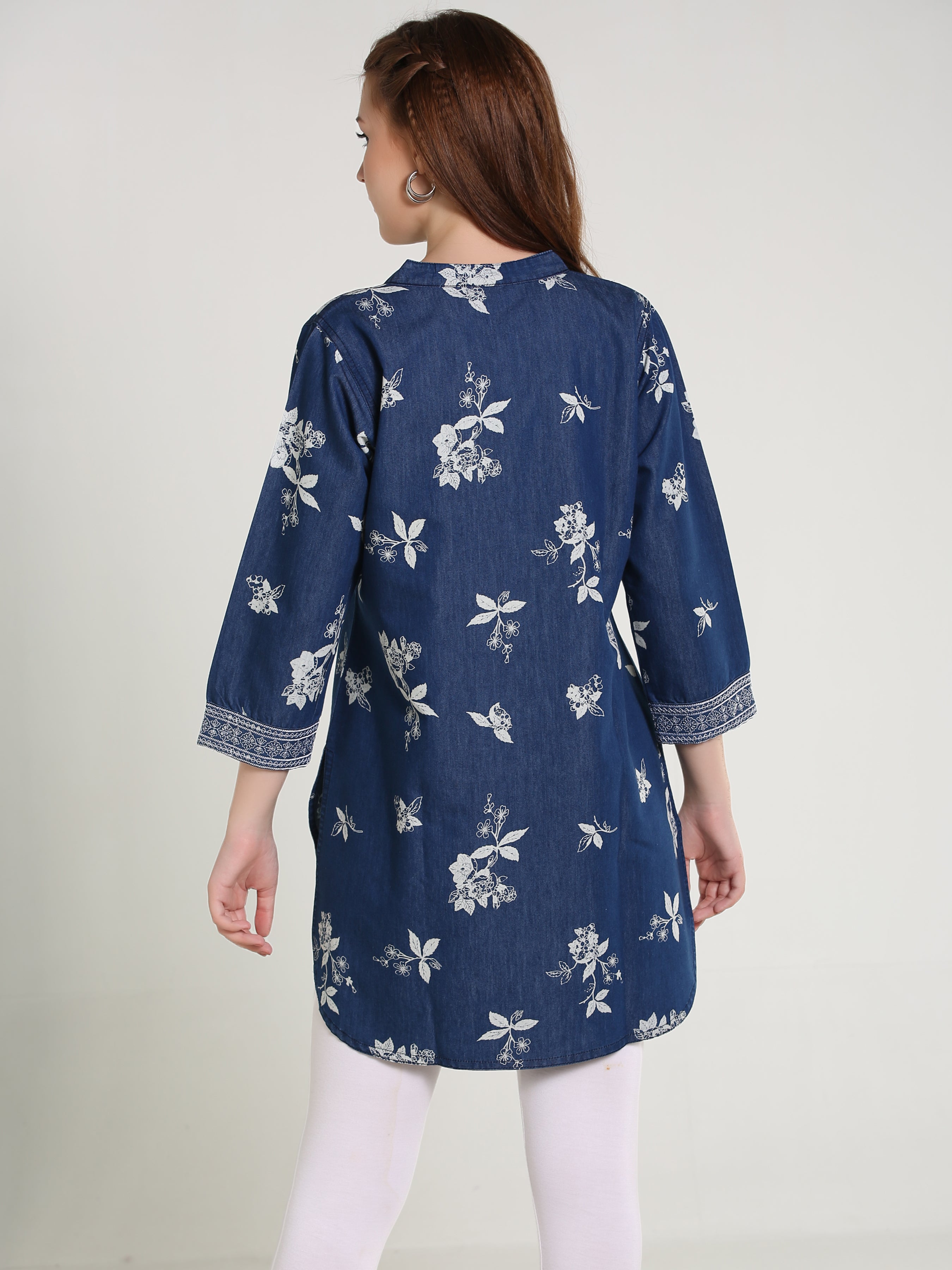 Denim Emb Printed Apl Cut Mandarine Collar Kurti