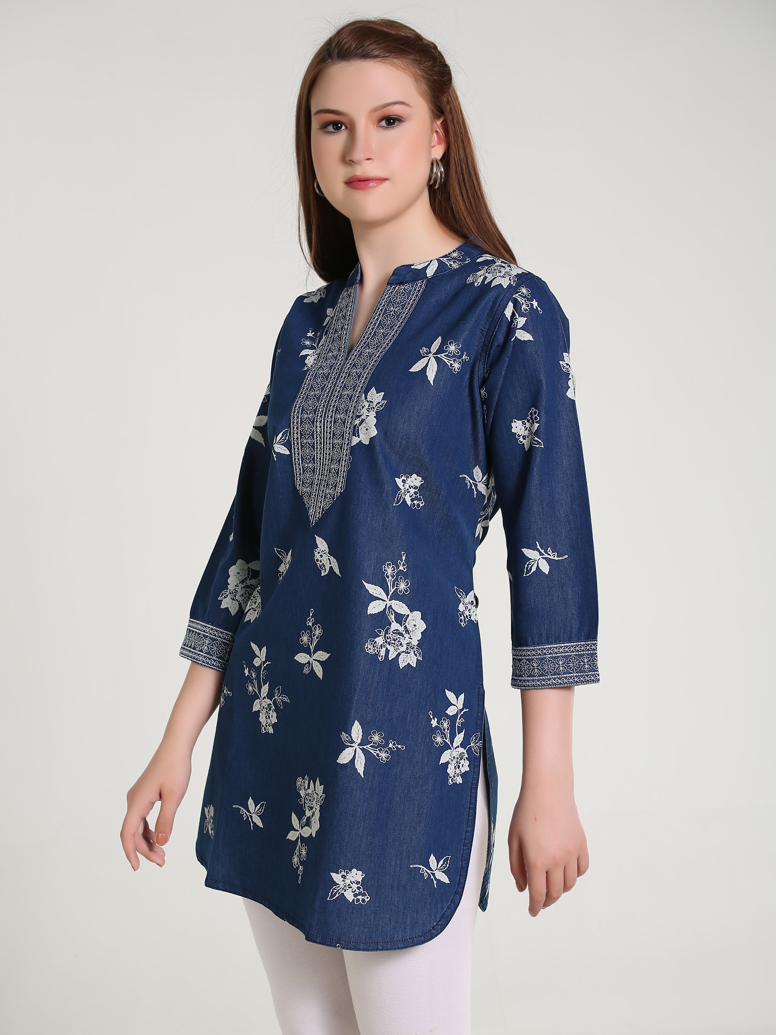 Denim Emb Printed Apl Cut Mandarine Collar Kurti
