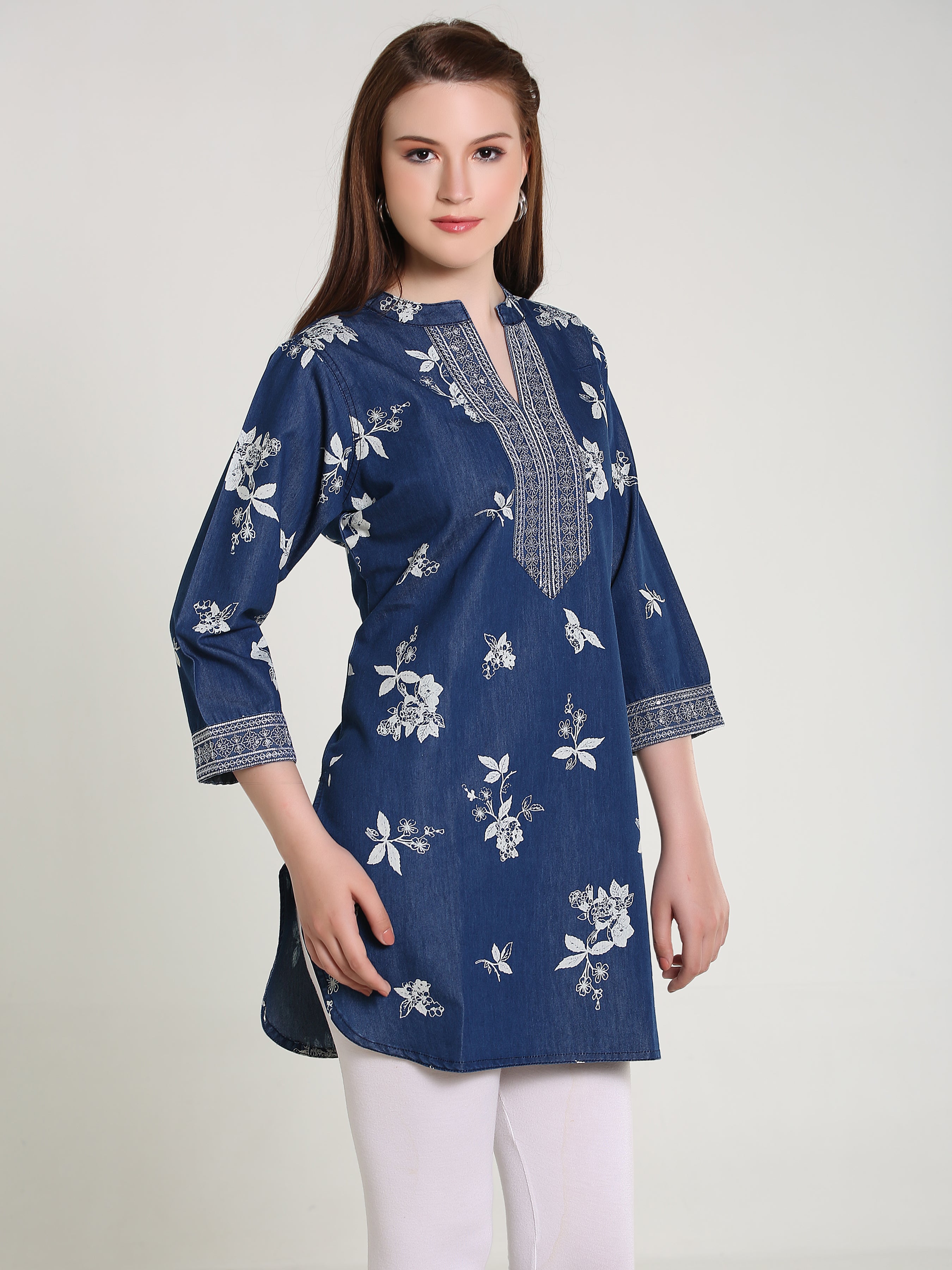 Denim Emb Printed Apl Cut Mandarine Collar Kurti