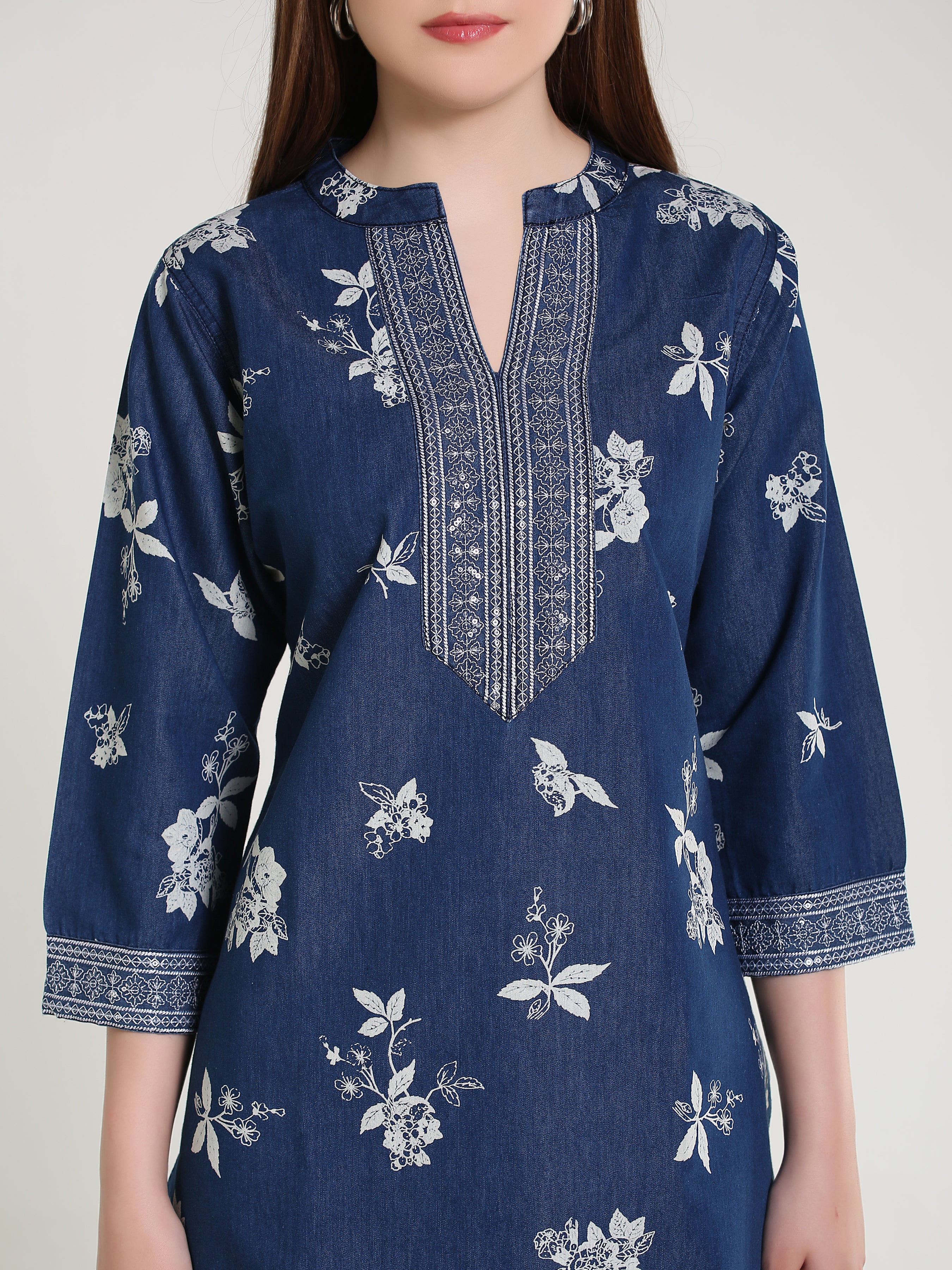 Denim Emb Printed Apl Cut Mandarine Collar Kurti