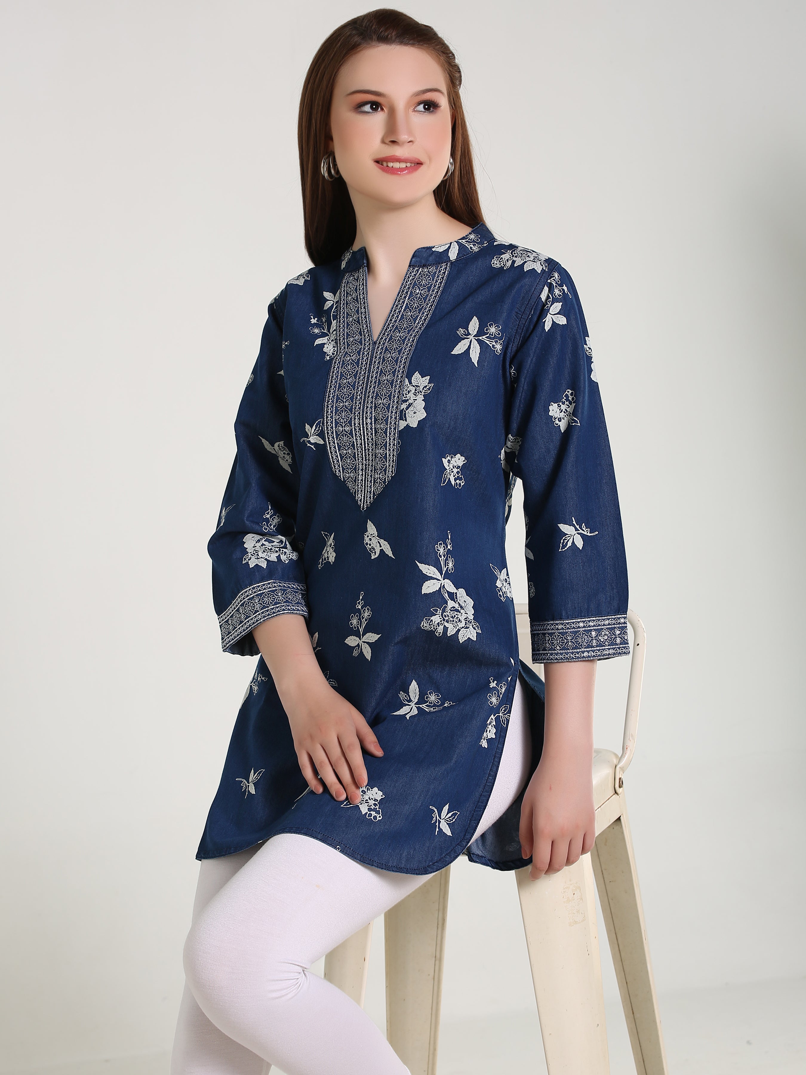 Denim Emb Printed Apl Cut Mandarine Collar Kurti