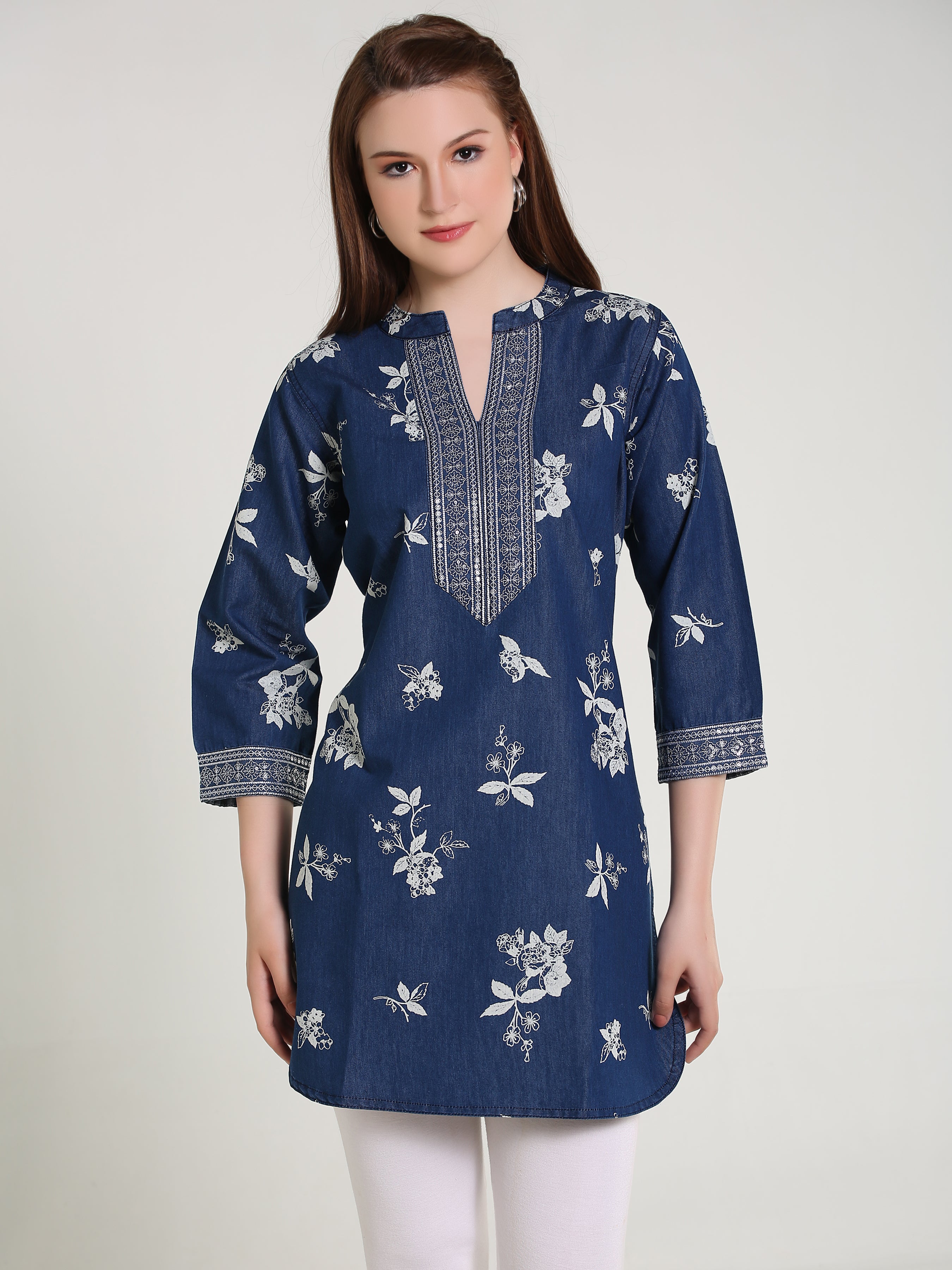 Denim Emb Printed Apl Cut Mandarine Collar Kurti