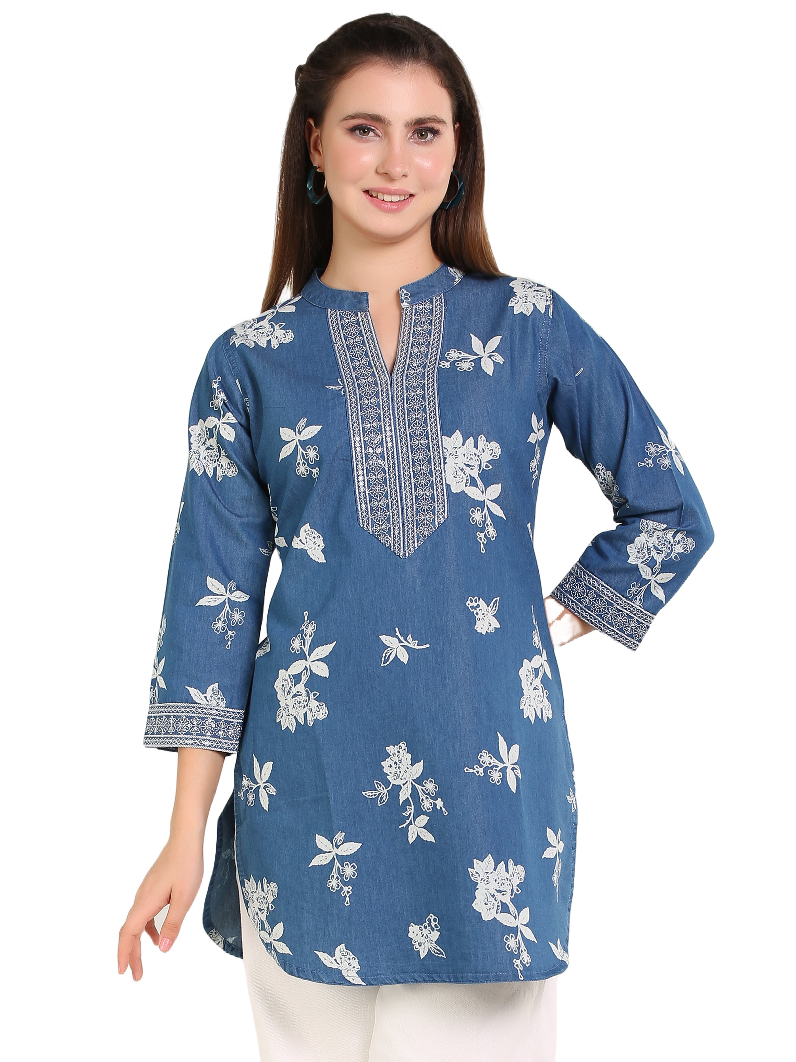 Denim Emb Printed Apl Cut Mandarine Collar Kurti