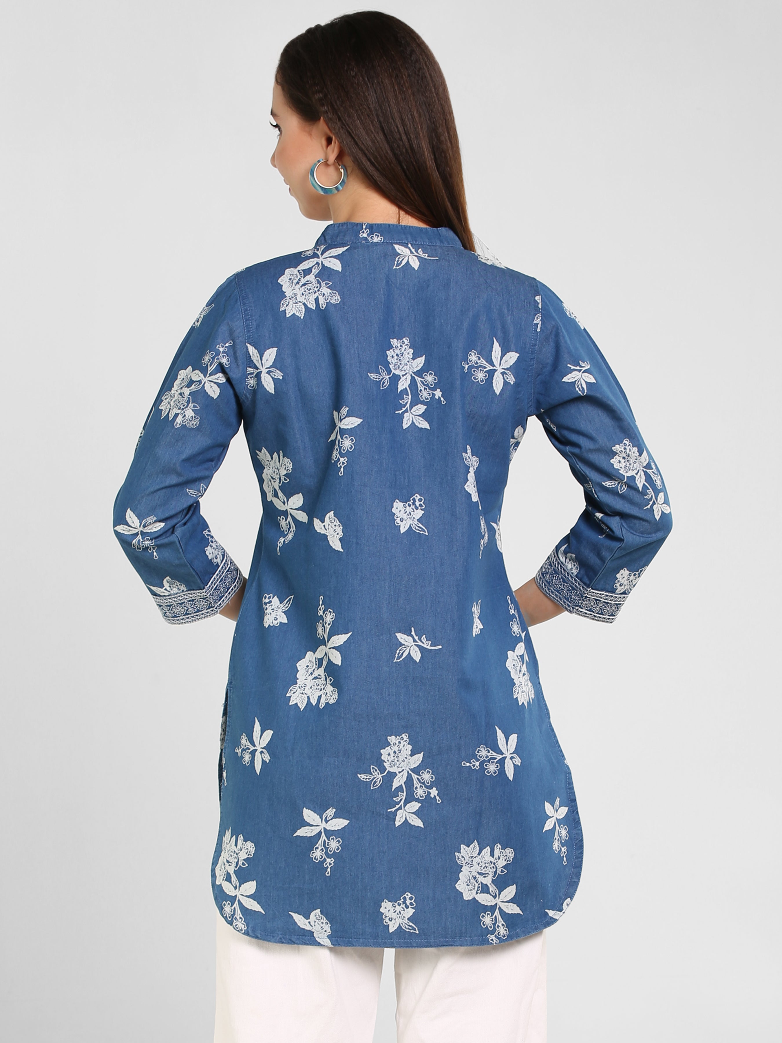 Denim Emb Printed Apl Cut Mandarine Collar Kurti