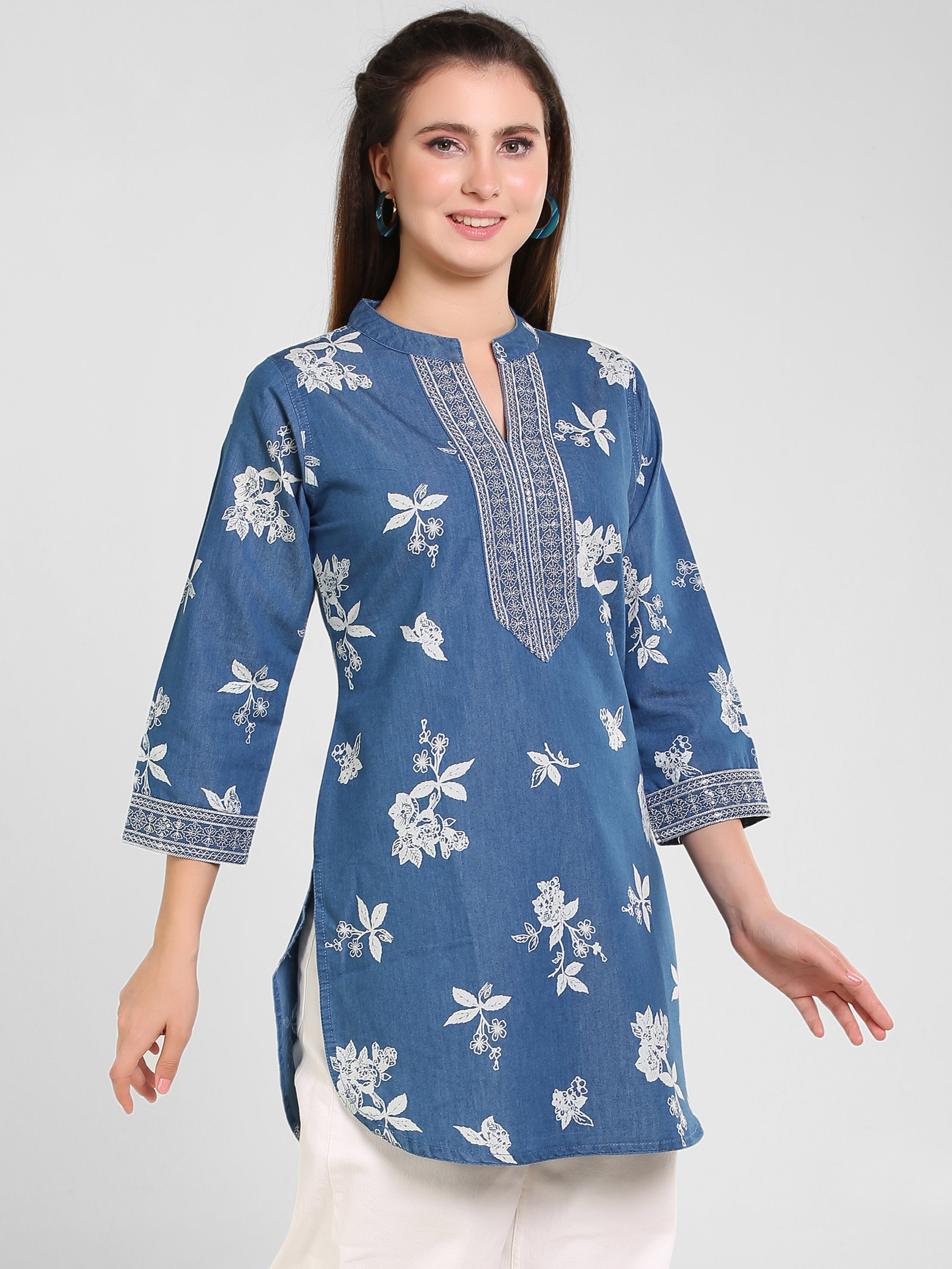 Denim Emb Printed Apl Cut Mandarine Collar Kurti