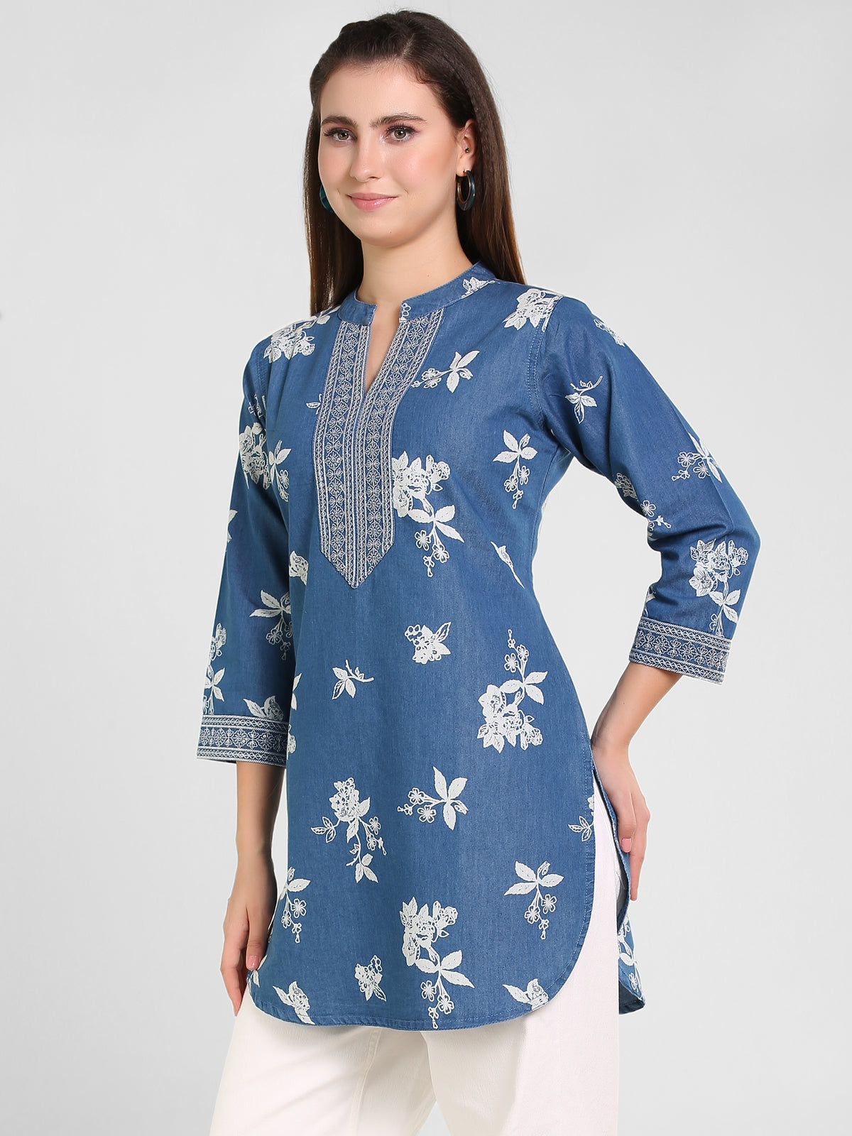 Denim Emb Printed Apl Cut Mandarine Collar Kurti