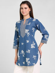 Denim Emb Printed Apl Cut Mandarine Collar Kurti