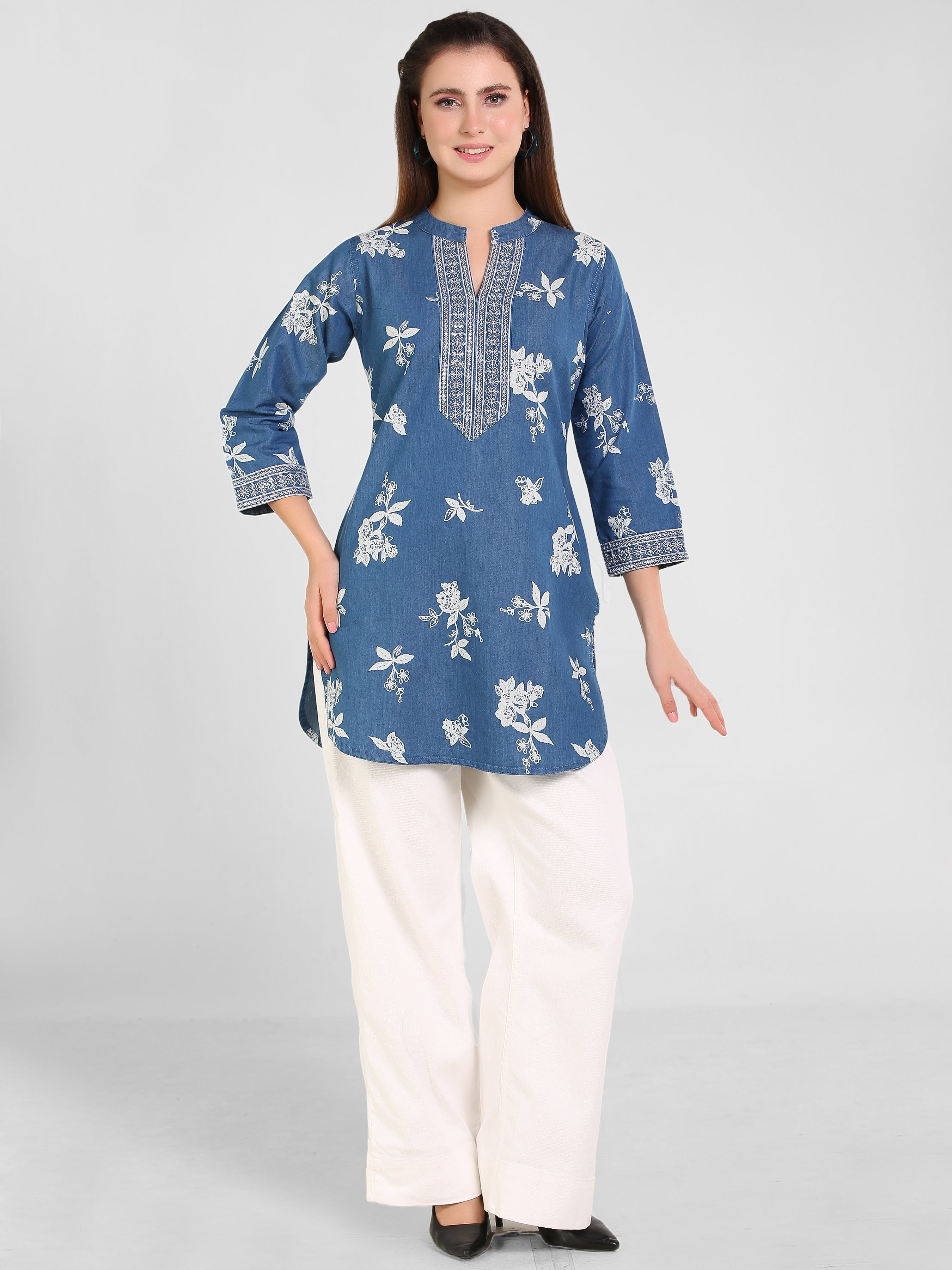 Denim Emb Printed Apl Cut Mandarine Collar Kurti