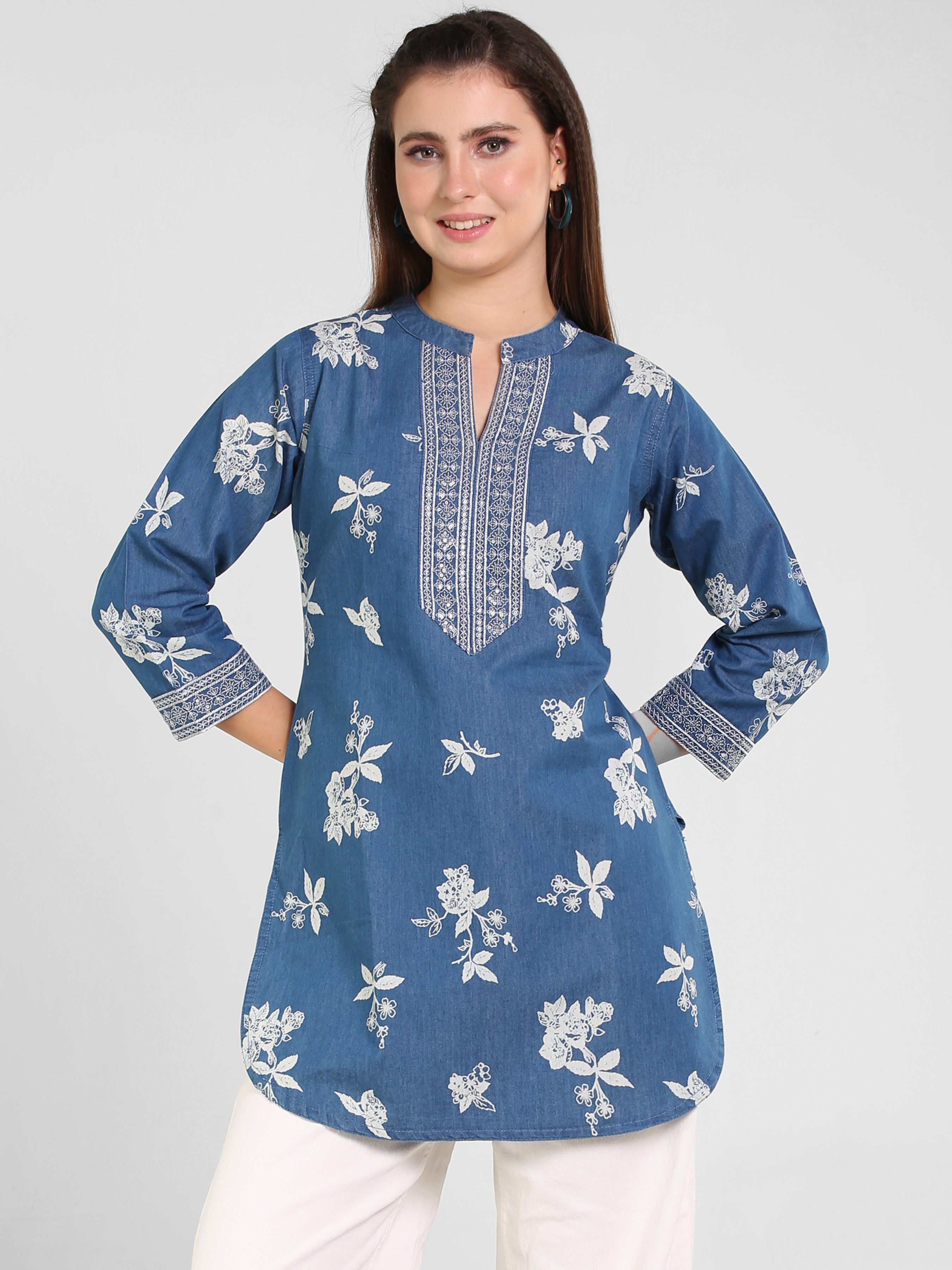 Denim Emb Printed Apl Cut Mandarine Collar Kurti