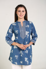 Denim Emb Printed Apl Cut Mandarine Collar Kurti