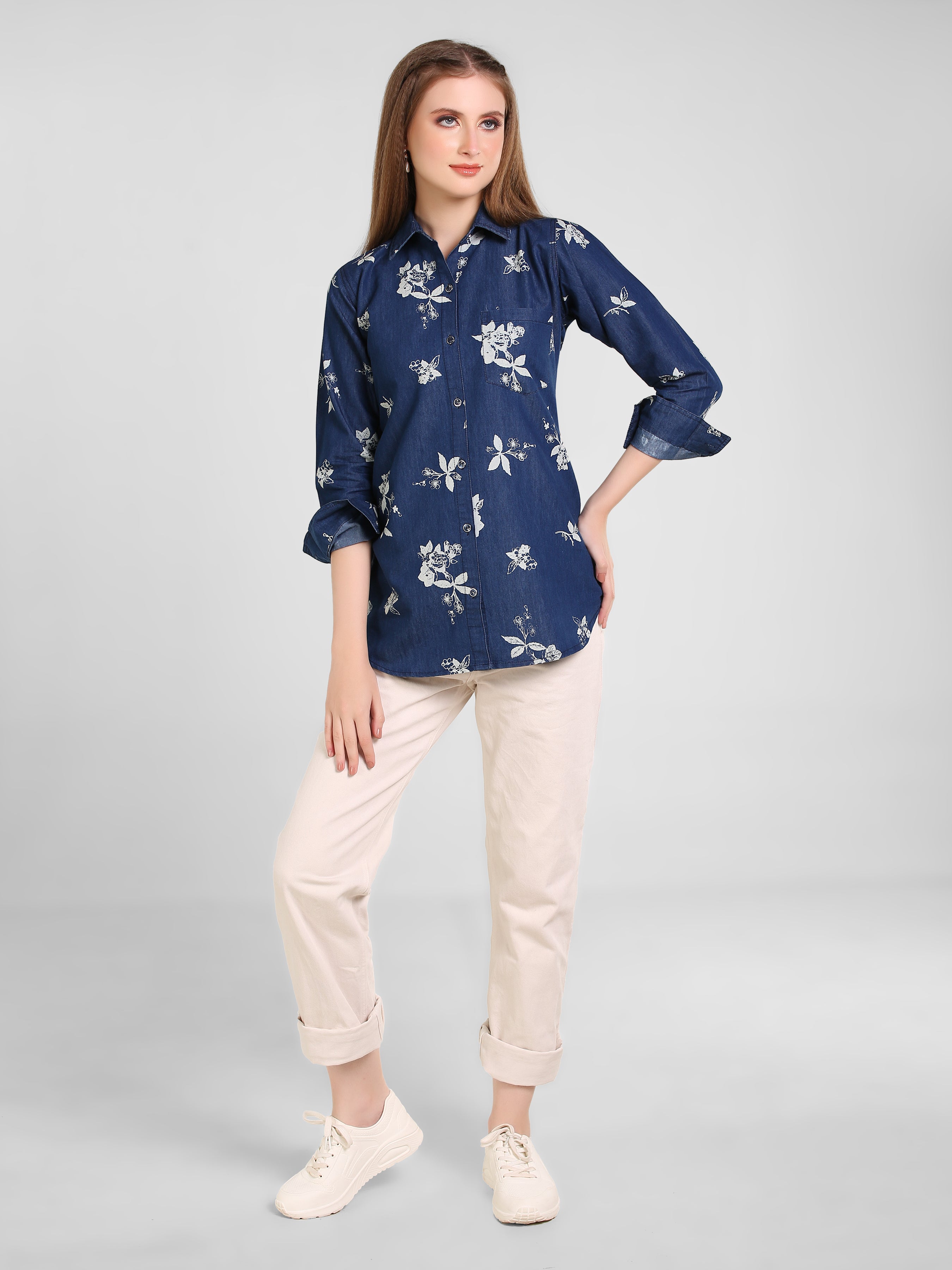 Denim Flwr Printed W One side Pocket Shirt