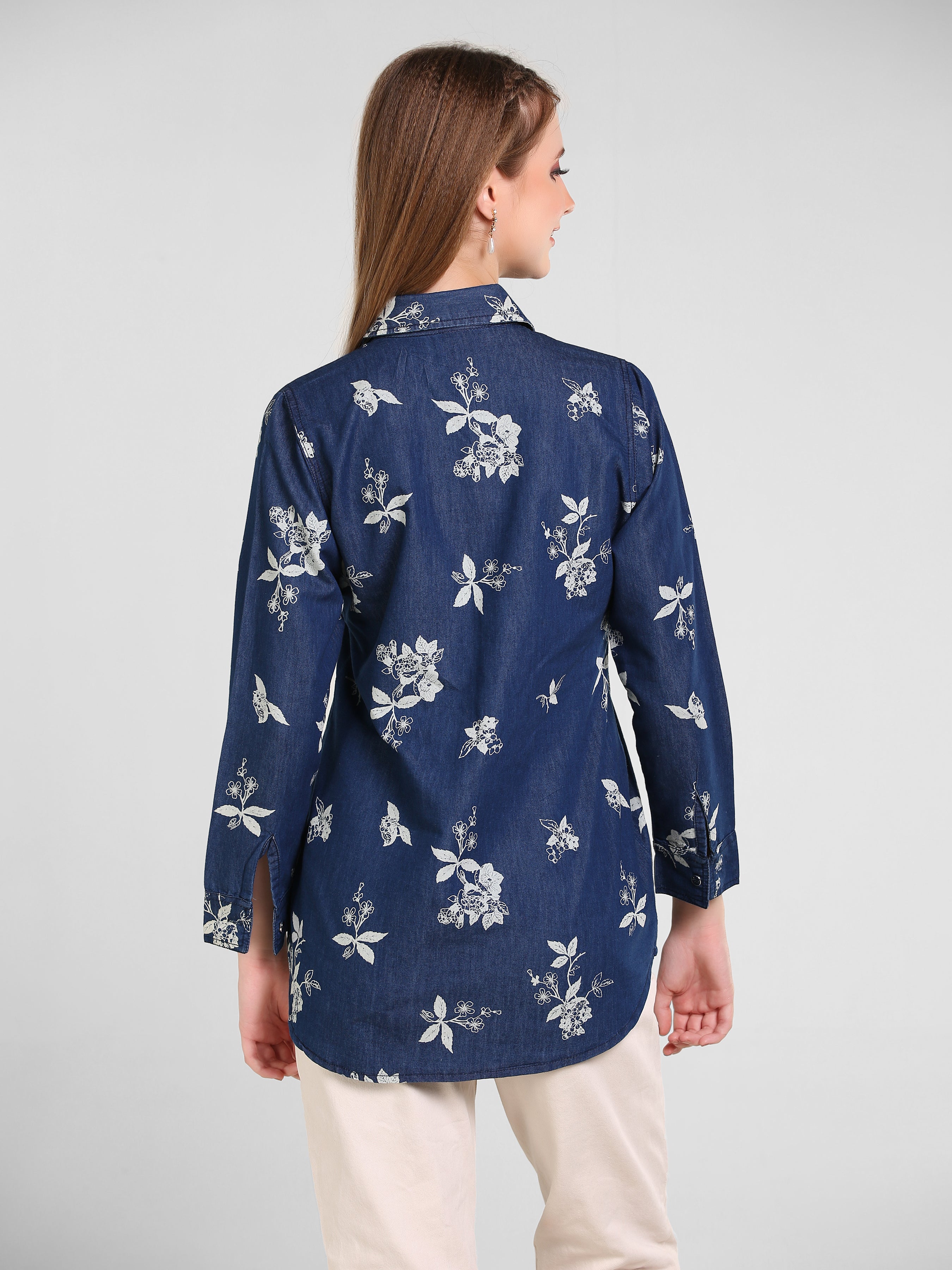 Denim Flwr Printed W One side Pocket Shirt