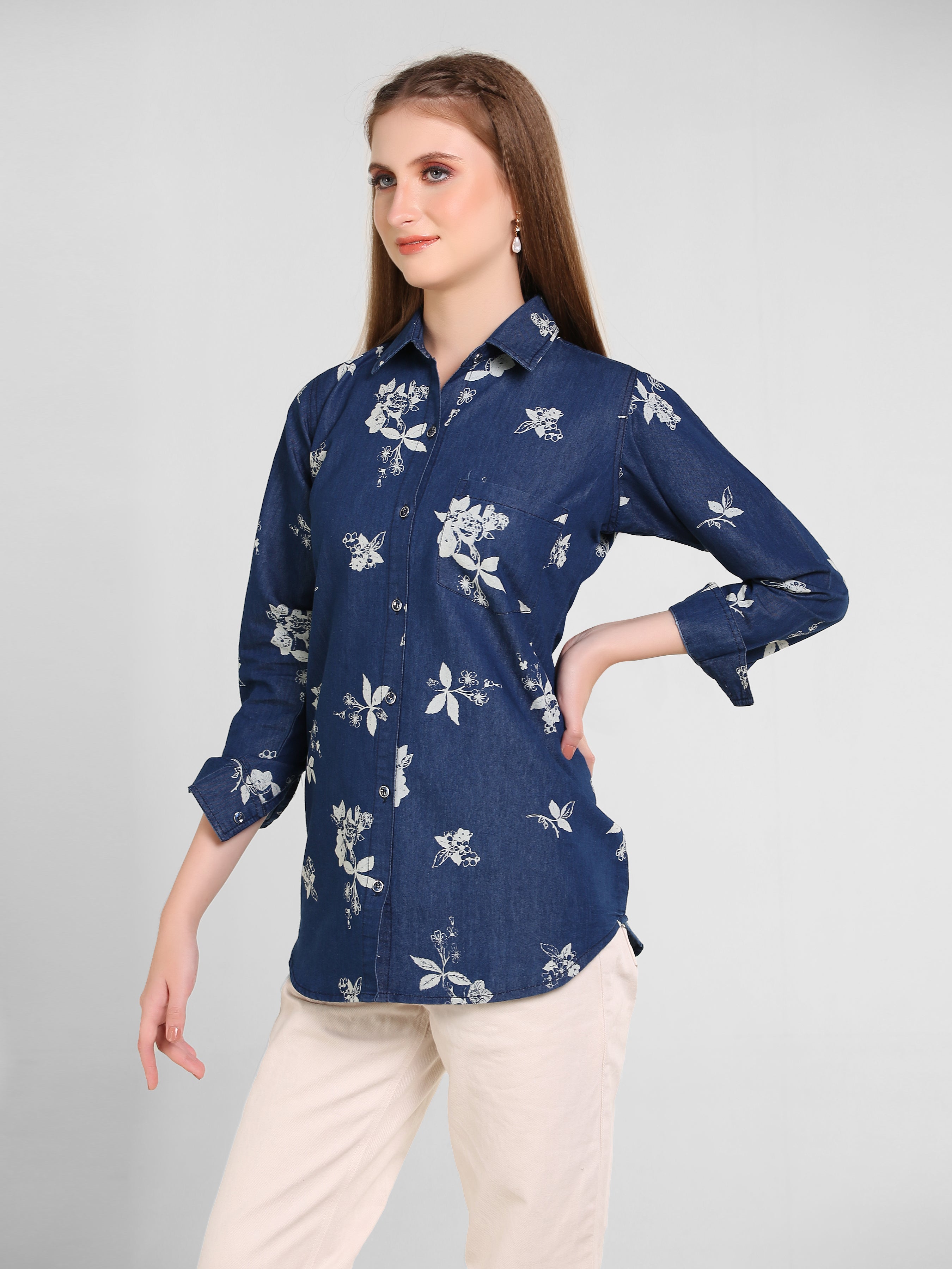 Denim Flwr Printed W One side Pocket Shirt
