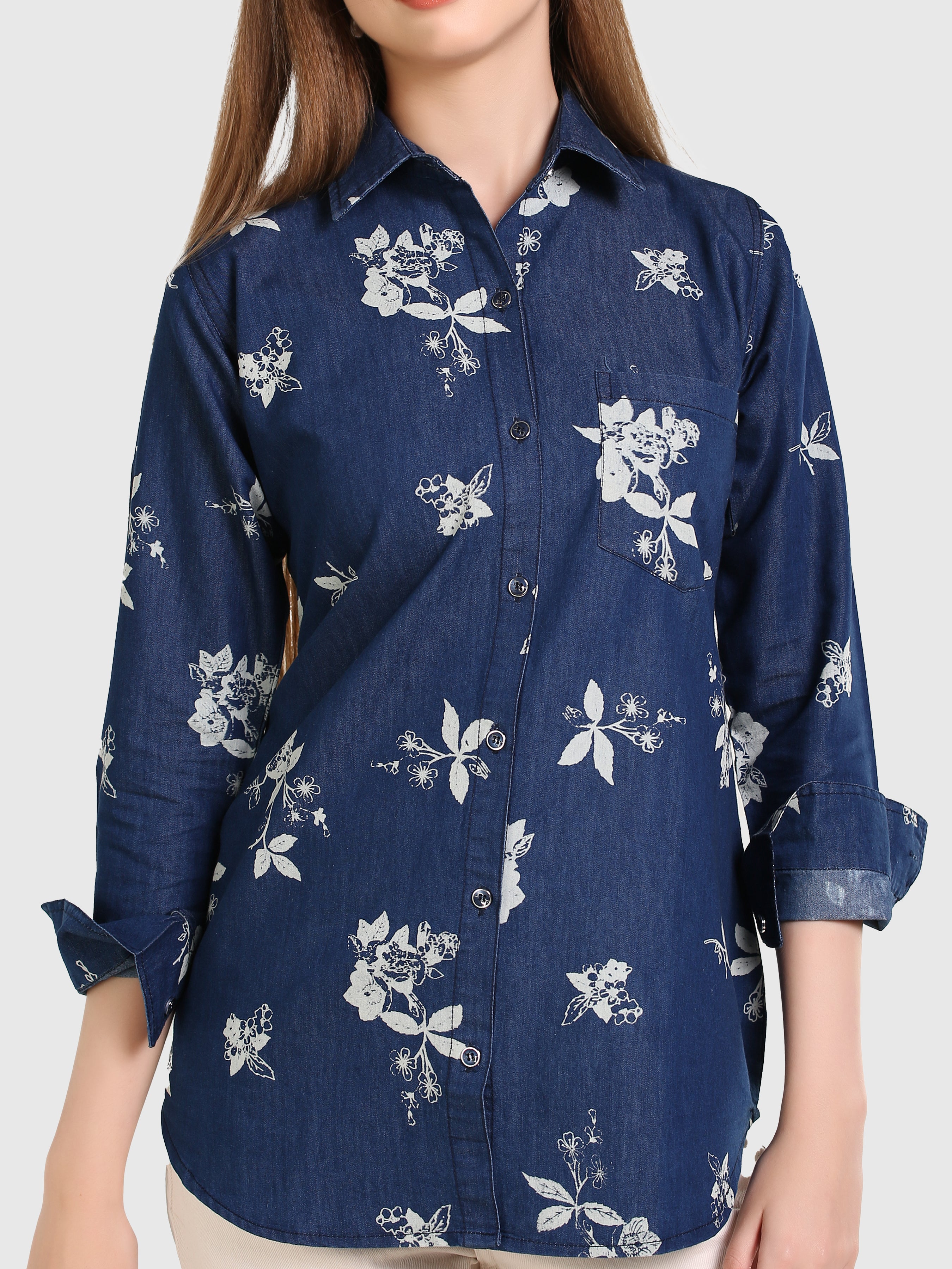 Denim Flwr Printed W One side Pocket Shirt