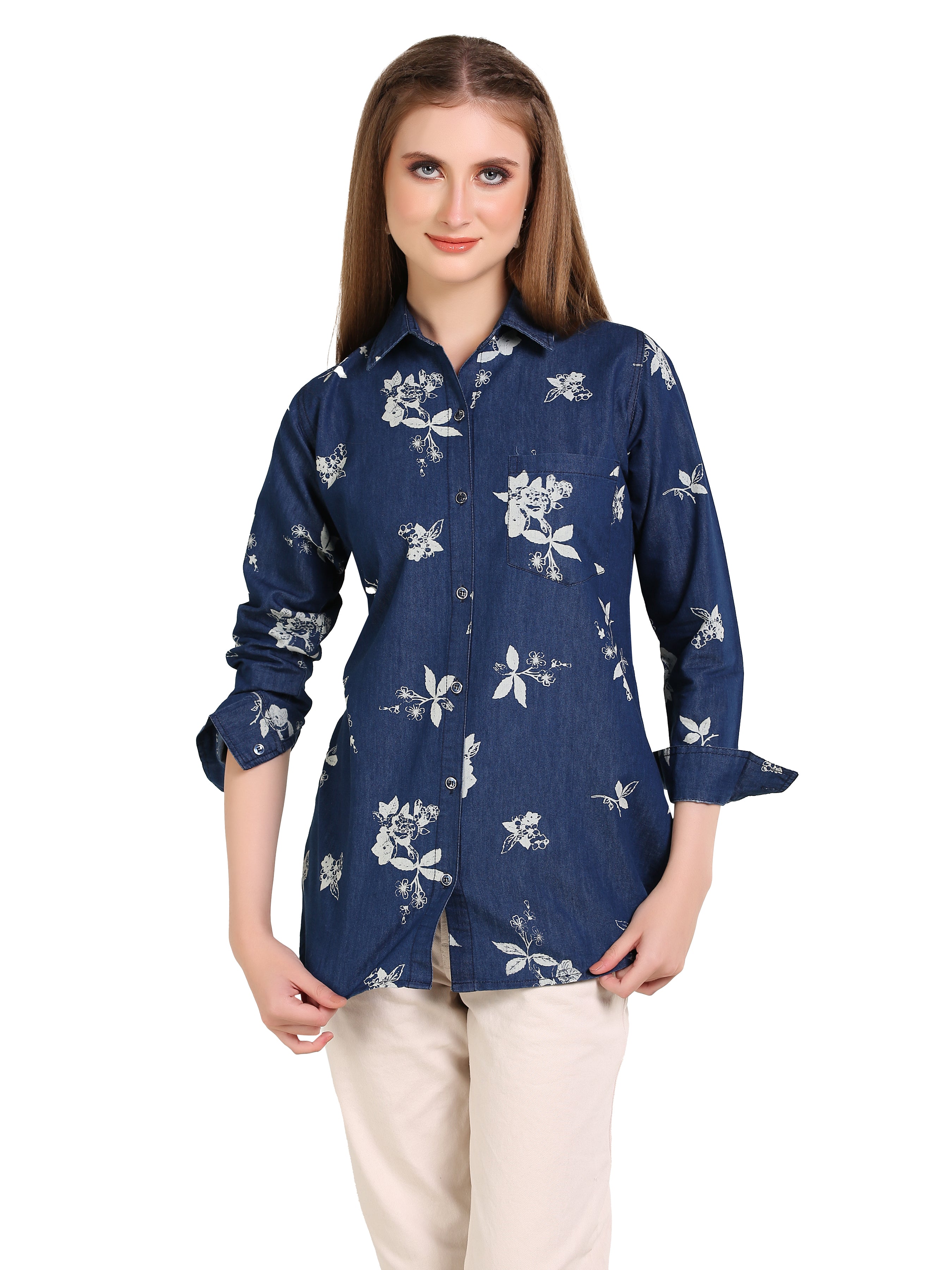 Denim Flwr Printed W One side Pocket Shirt