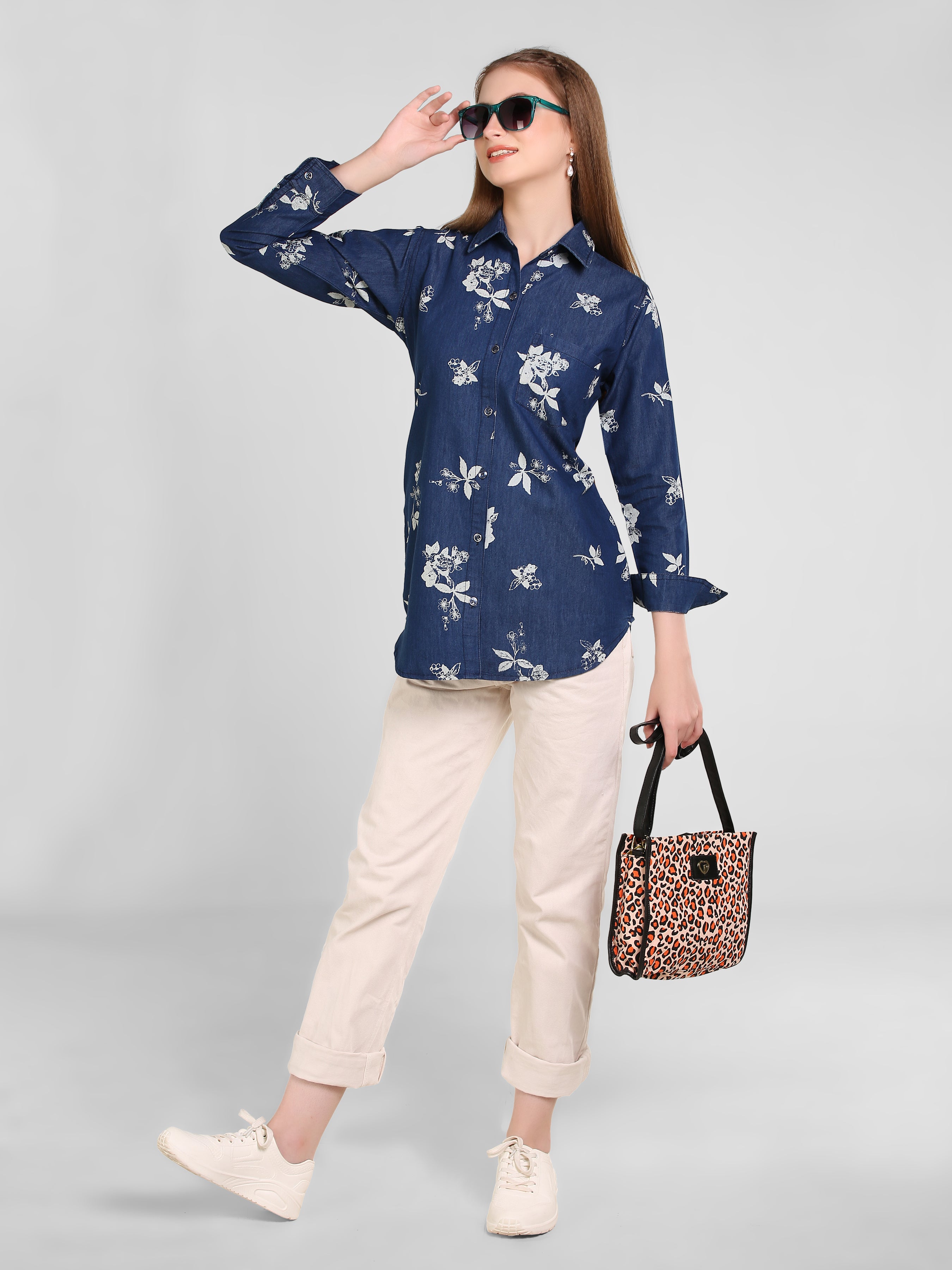 Denim Flwr Printed W One side Pocket Shirt