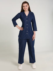 Denim Solid Coat Collar Cord-Set