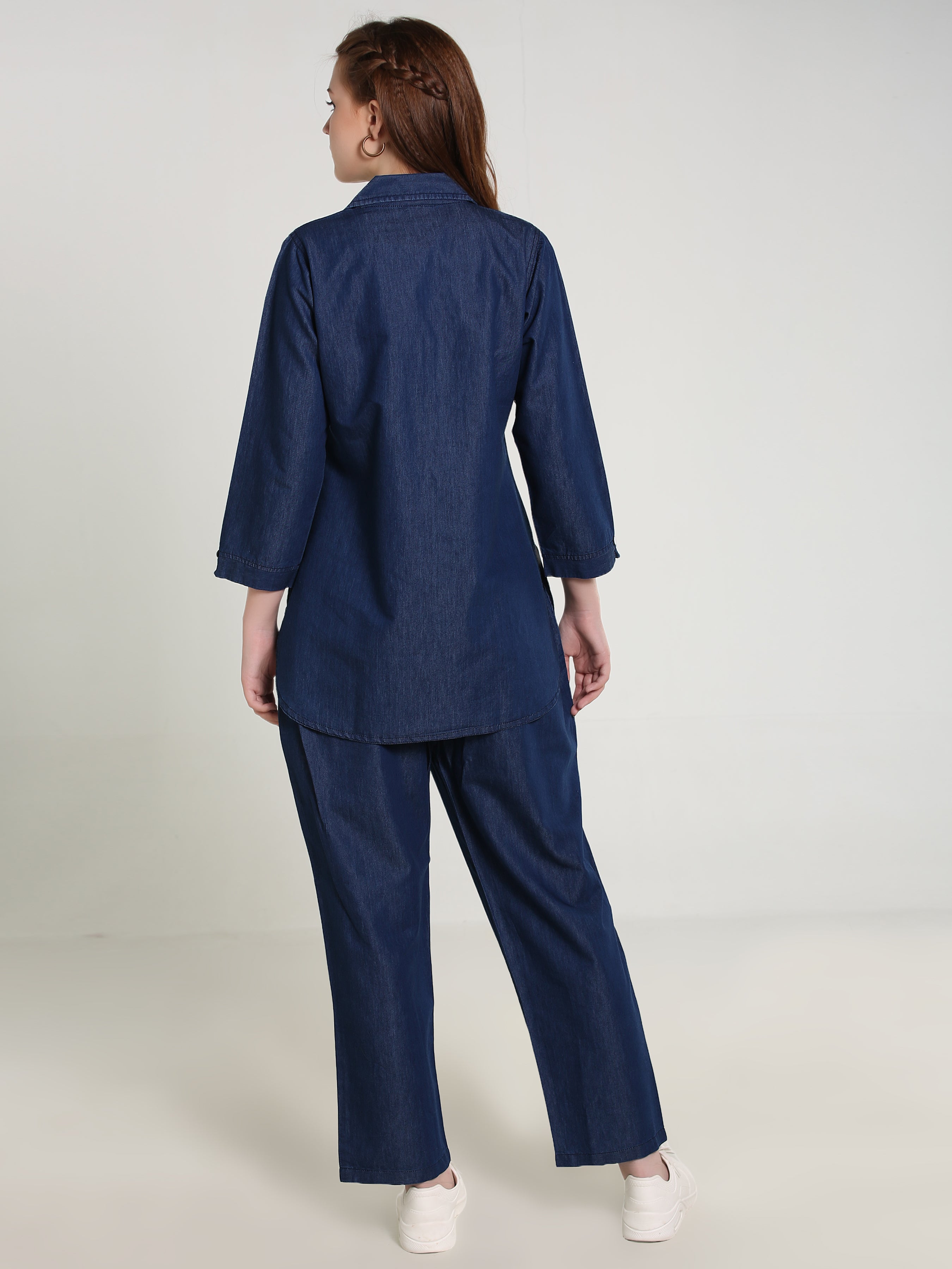 Denim Solid Coat Collar Co-ord Set