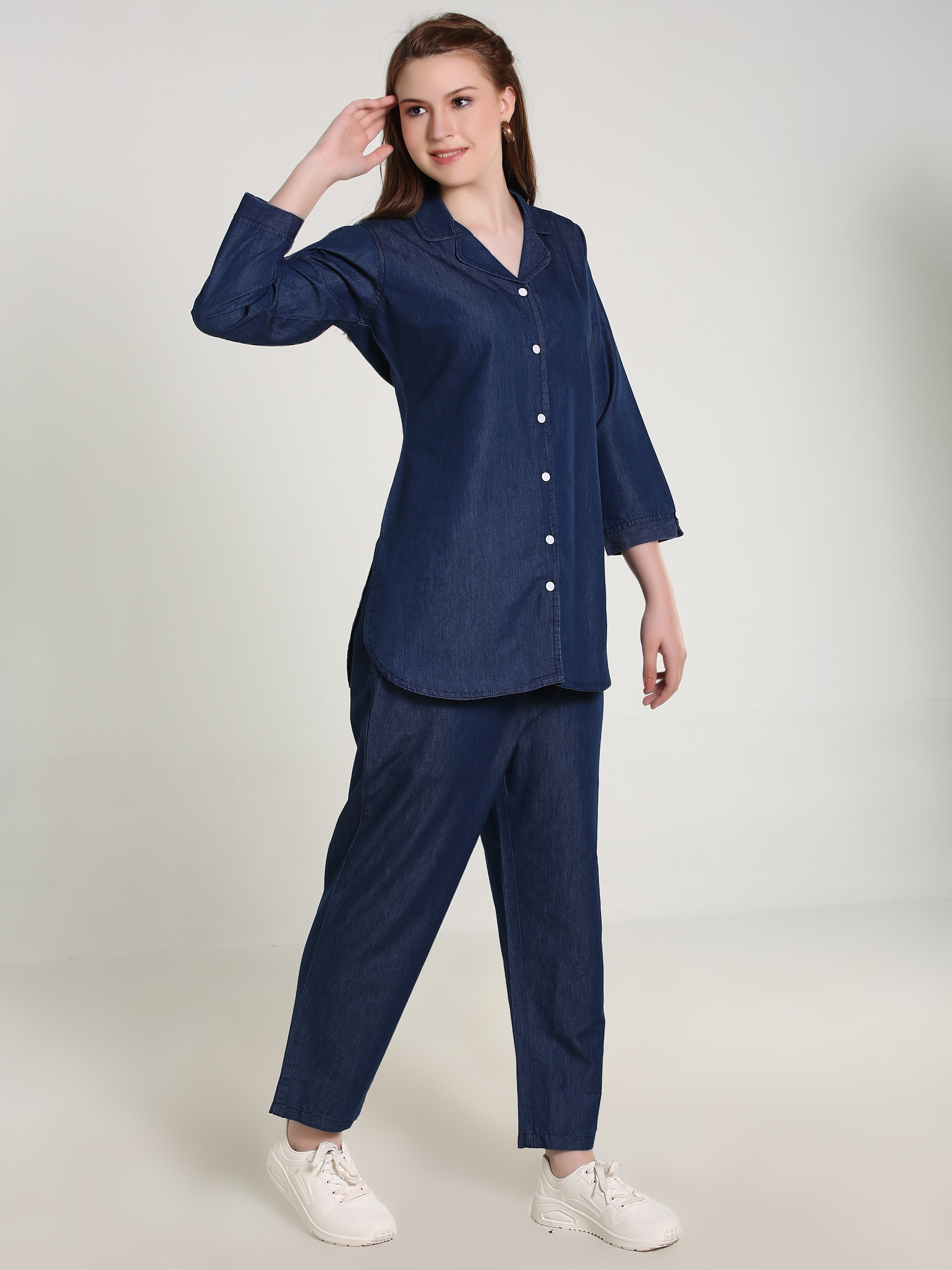 Denim Solid Coat Collar Co-ord Set